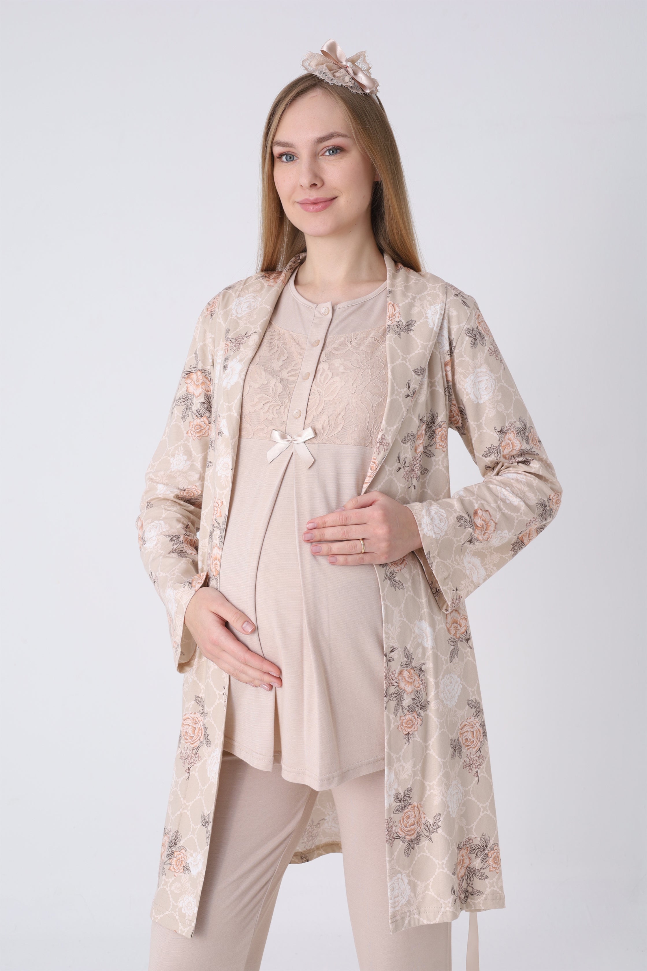 Gül Desenli Sabahlık ve Dantelli 3’lü Emzirme Pijama Seti - 3465 8