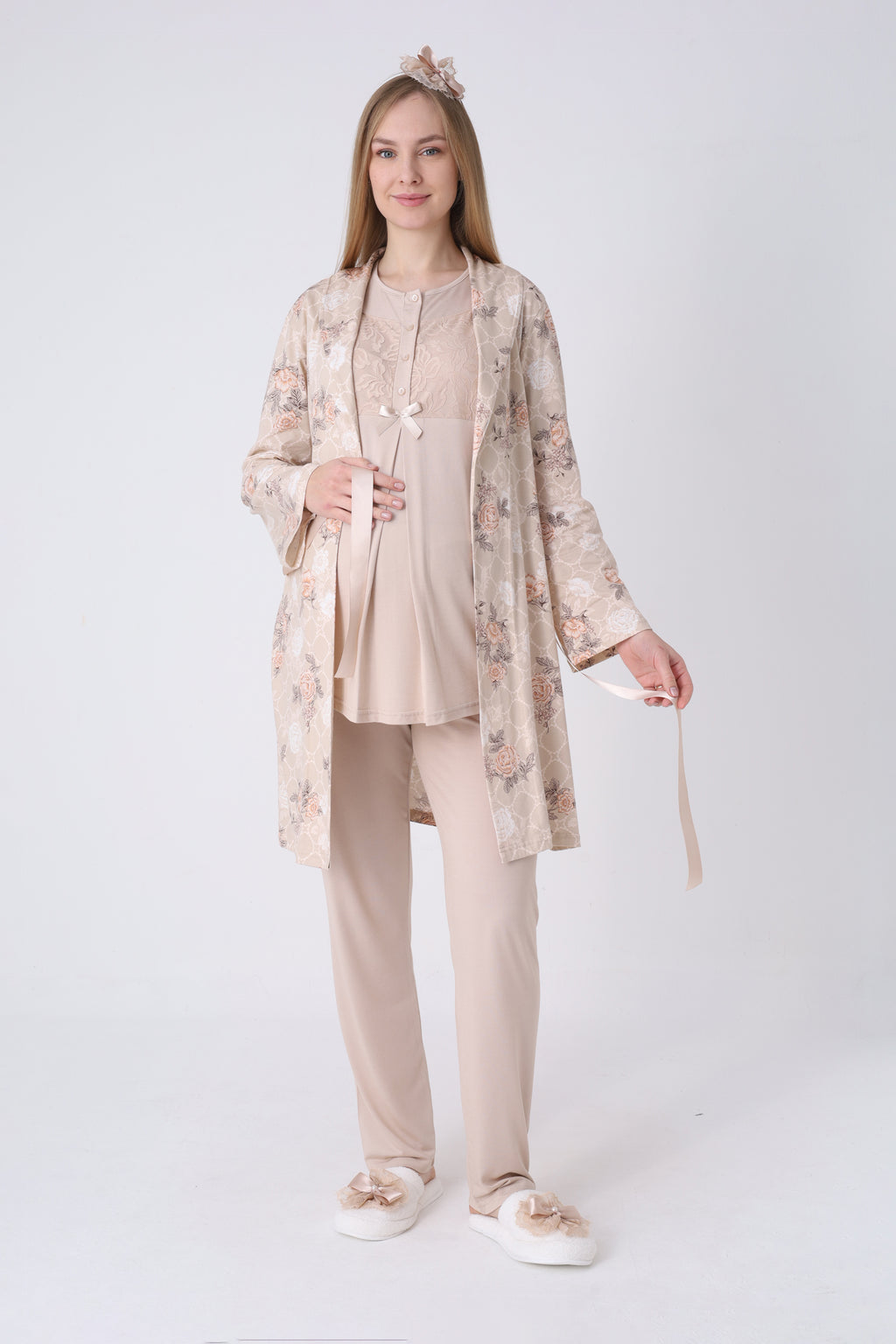 Gül Desenli Sabahlık ve Dantelli 3’lü Emzirme Pijama Seti - 3465