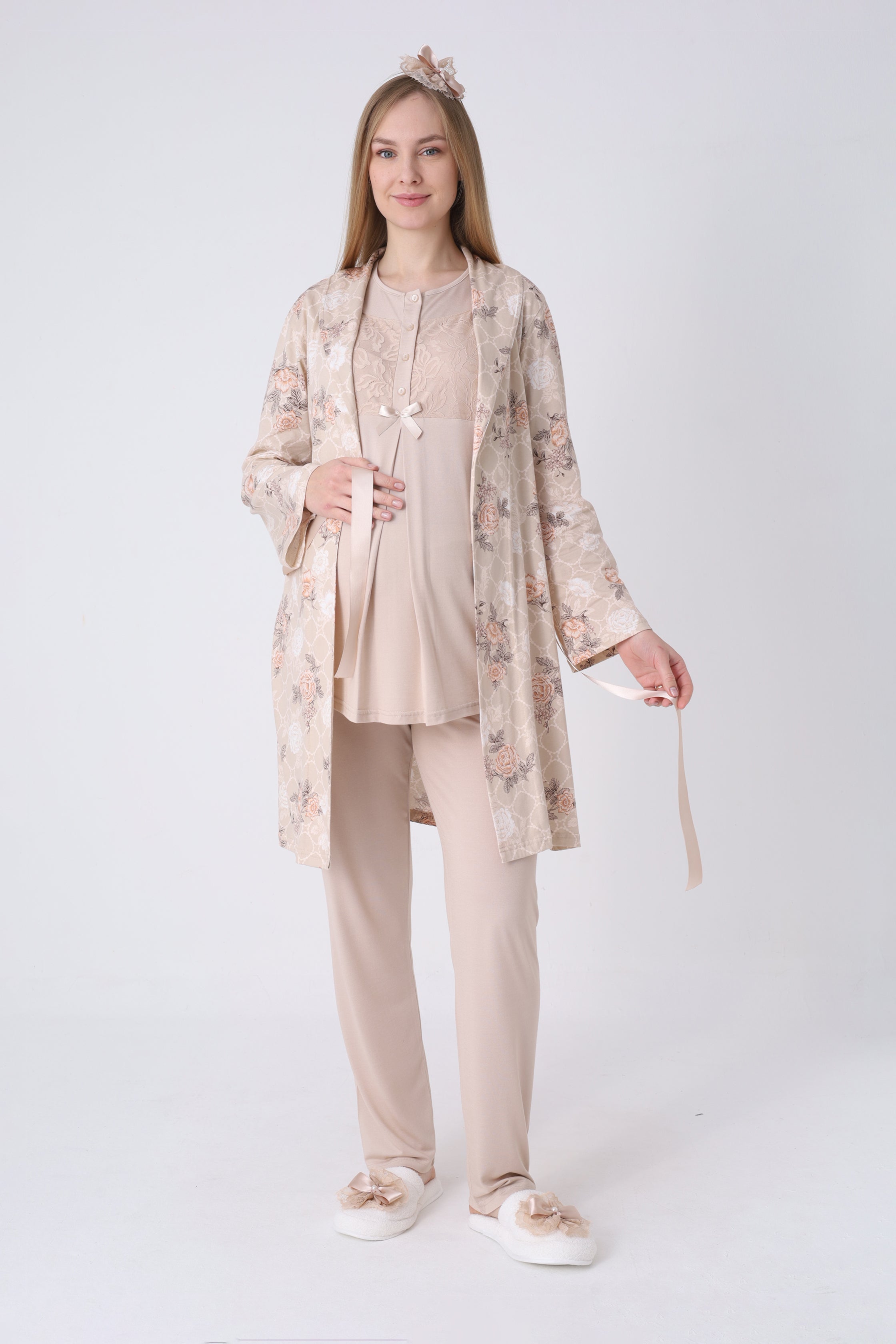 Gül Desenli Sabahlık ve Dantelli 3’lü Emzirme Pijama Seti - 3465 7
