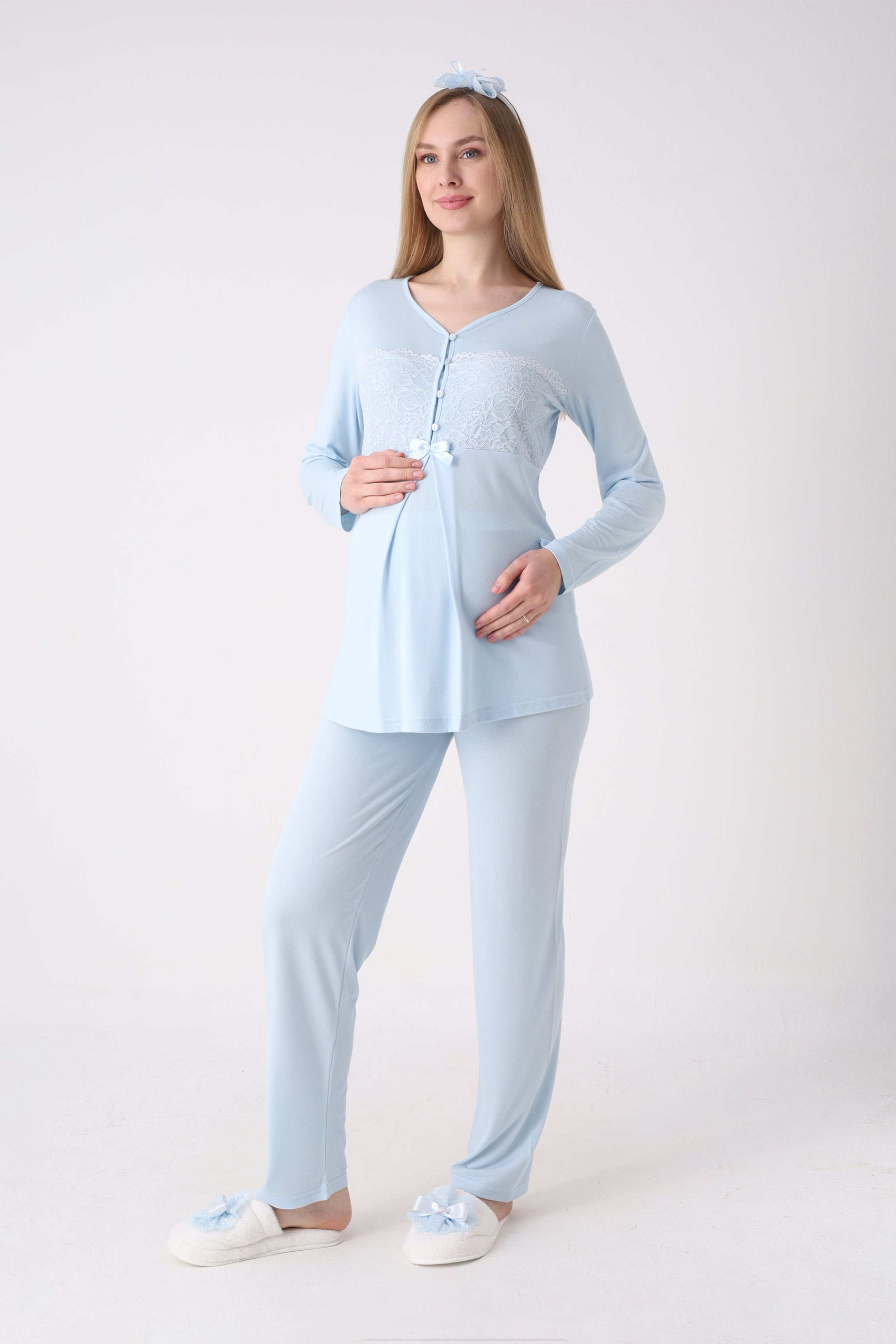 Dantel İşlemeli Bebek Mavisi Hamile & Lohusa Pijama Takımı - 1176 4