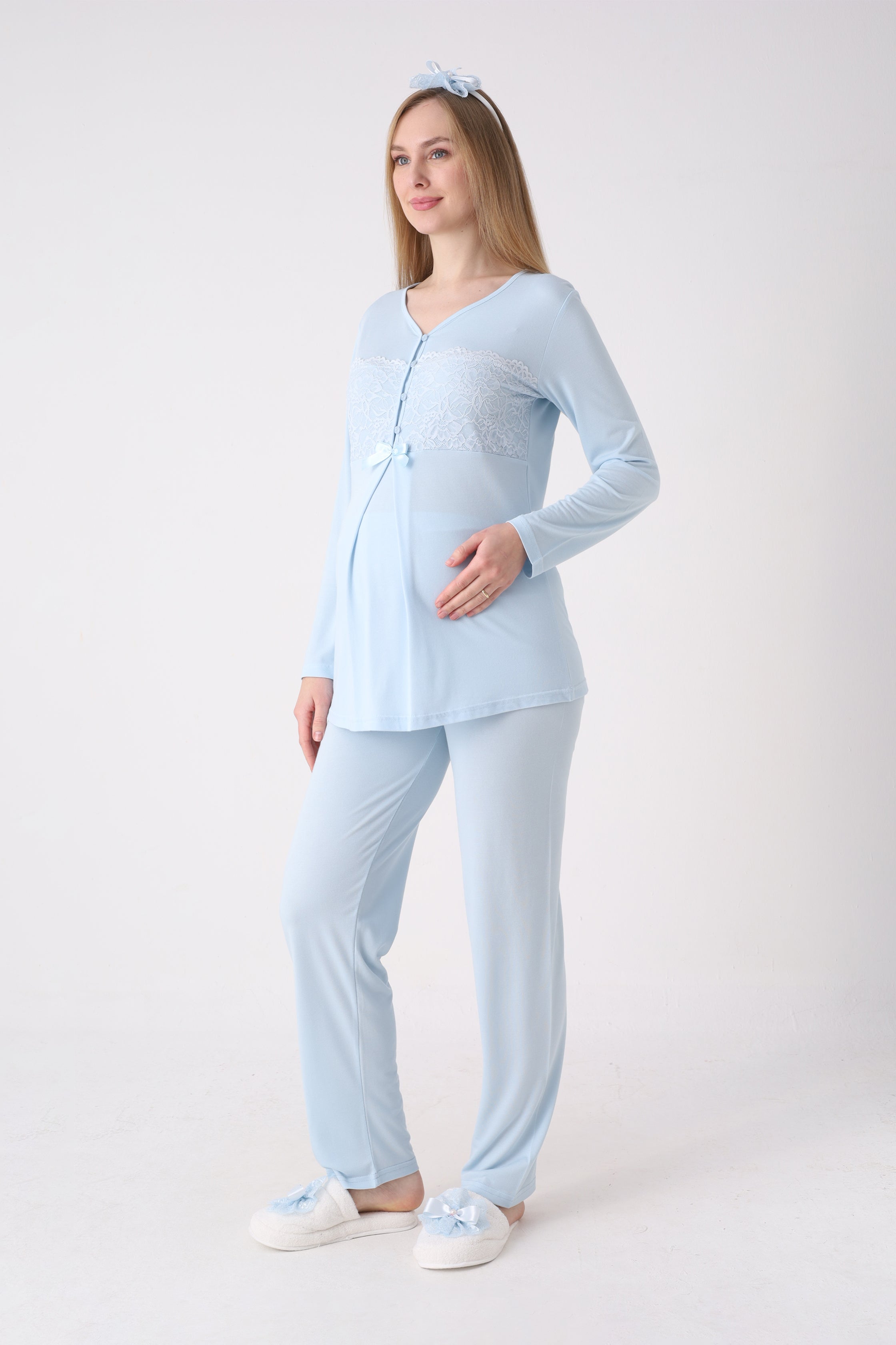 Dantel İşlemeli Bebek Mavisi Hamile & Lohusa Pijama Takımı - 1176 3