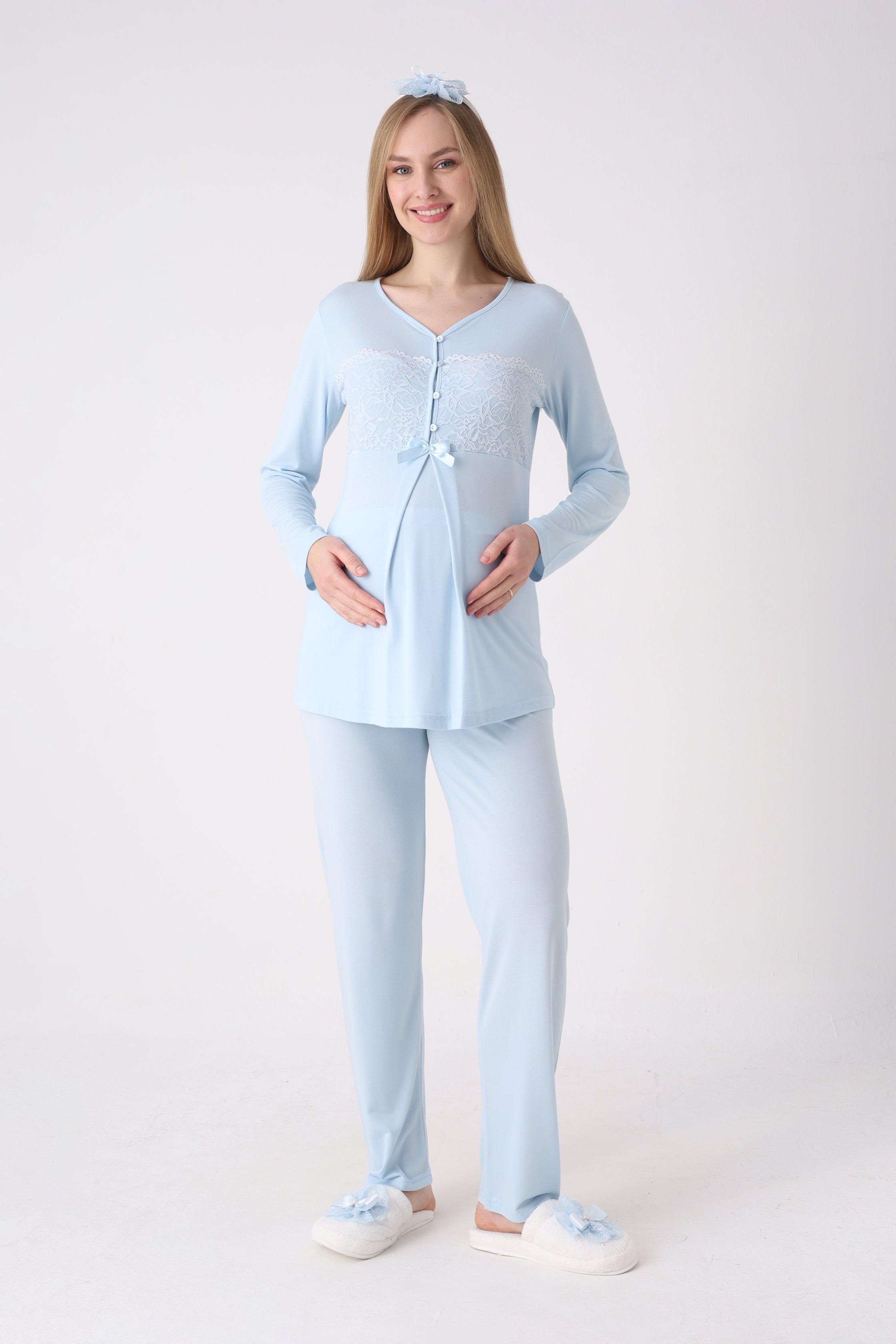 Dantel İşlemeli Bebek Mavisi Hamile & Lohusa Pijama Takımı - 1176 2