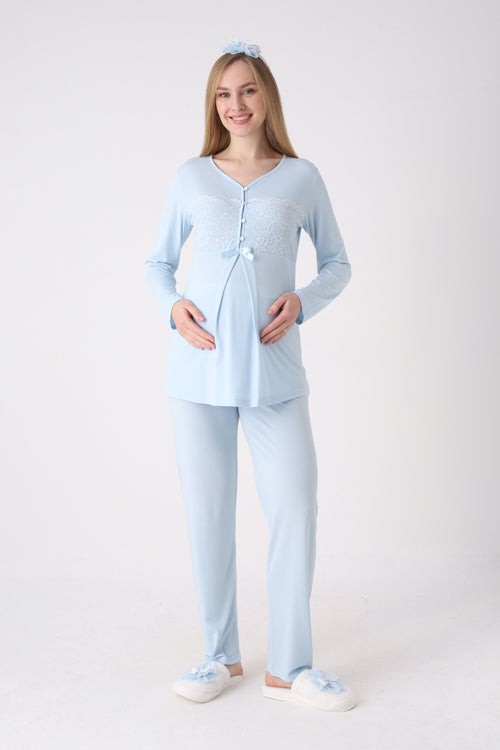 Dantel İşlemeli Bebek Mavisi Hamile & Lohusa Pijama Takımı - 1176