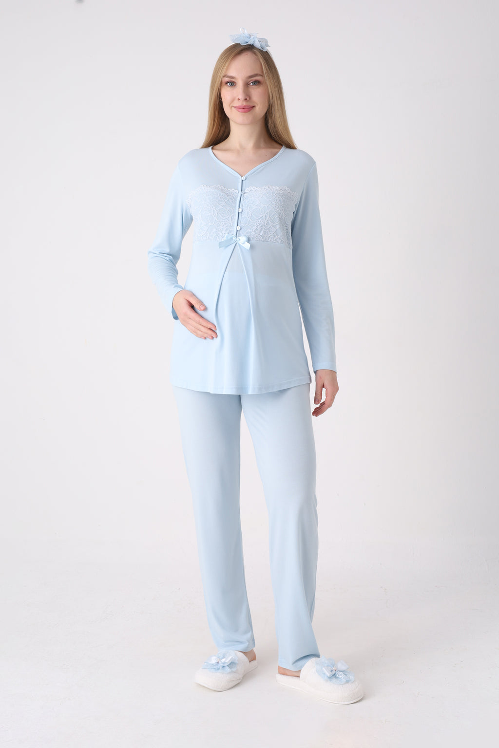 Dantel İşlemeli Bebek Mavisi Hamile & Lohusa Pijama Takımı - 1176