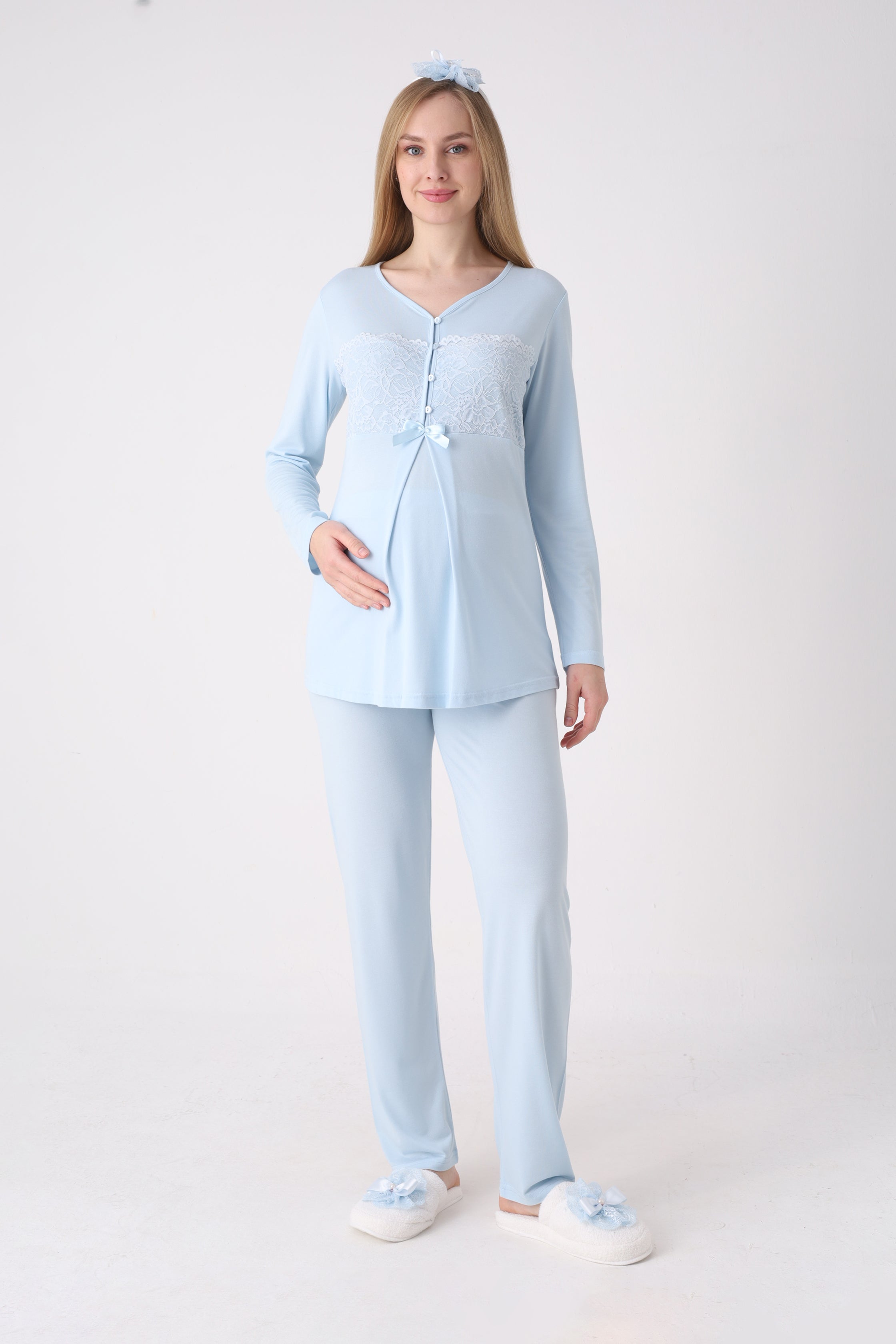 Dantel İşlemeli Bebek Mavisi Hamile & Lohusa Pijama Takımı - 1176 1