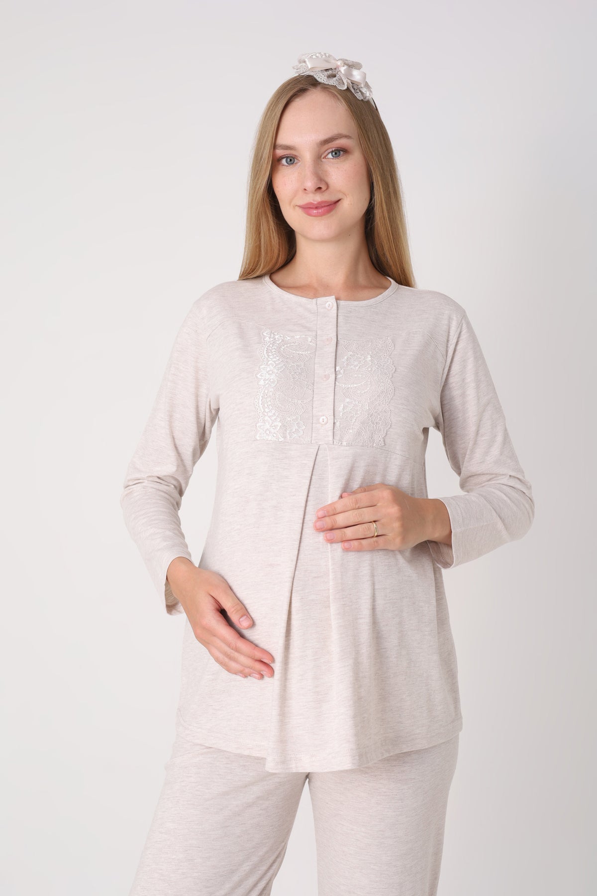 Hamile Pijama ve Sabahlık Takımı – 3’lü Lohusa Seti, Kendinden Desenli Sabahlık ve Dantelli Üst - 3482 11