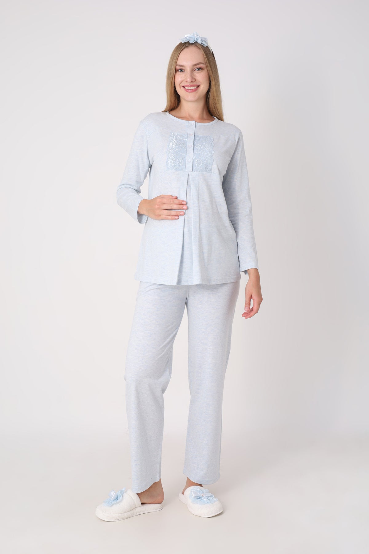 Hamile Pijama ve Sabahlık Takımı – 3’lü Lohusa Seti, Kendinden Desenli Sabahlık ve Dantelli Üst - 3482 16