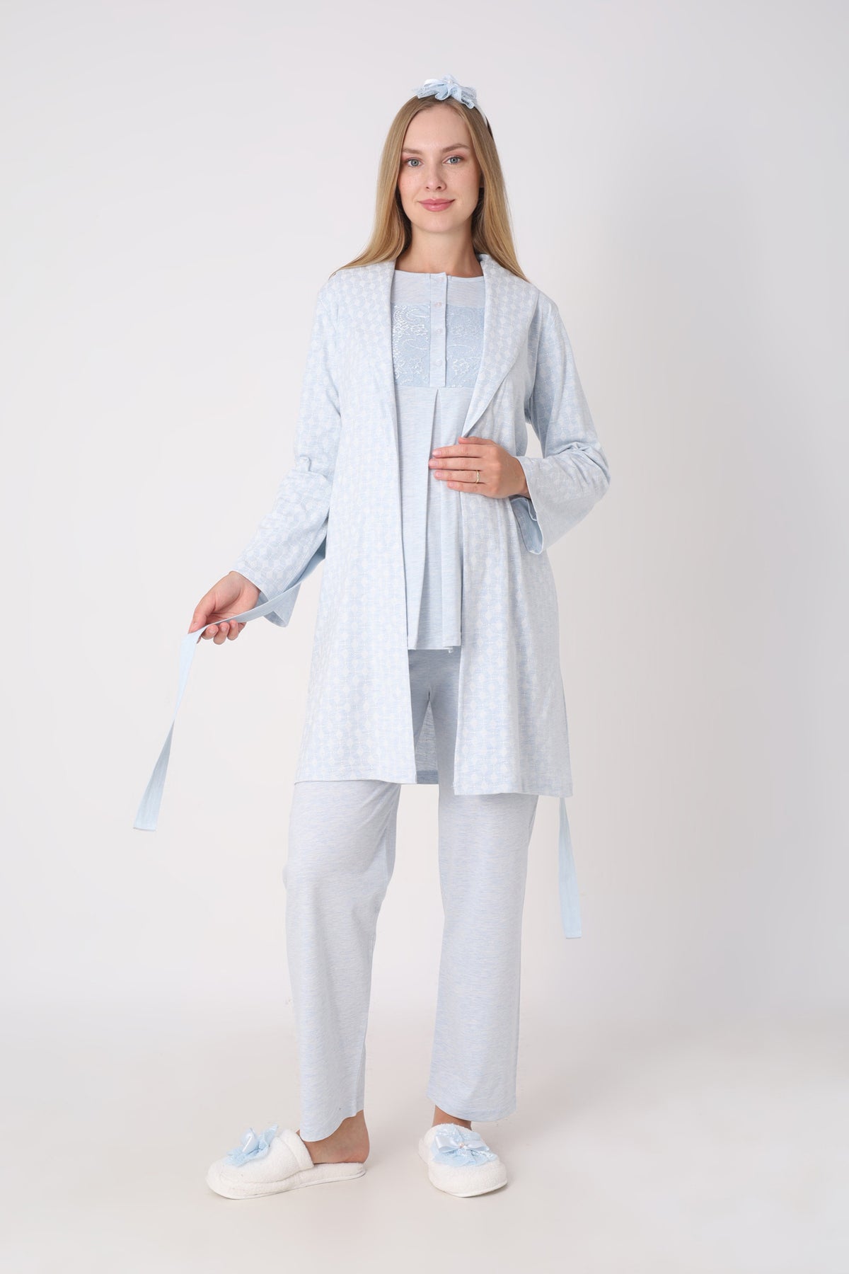 Hamile Pijama ve Sabahlık Takımı – 3’lü Lohusa Seti, Kendinden Desenli Sabahlık ve Dantelli Üst - 3482 14