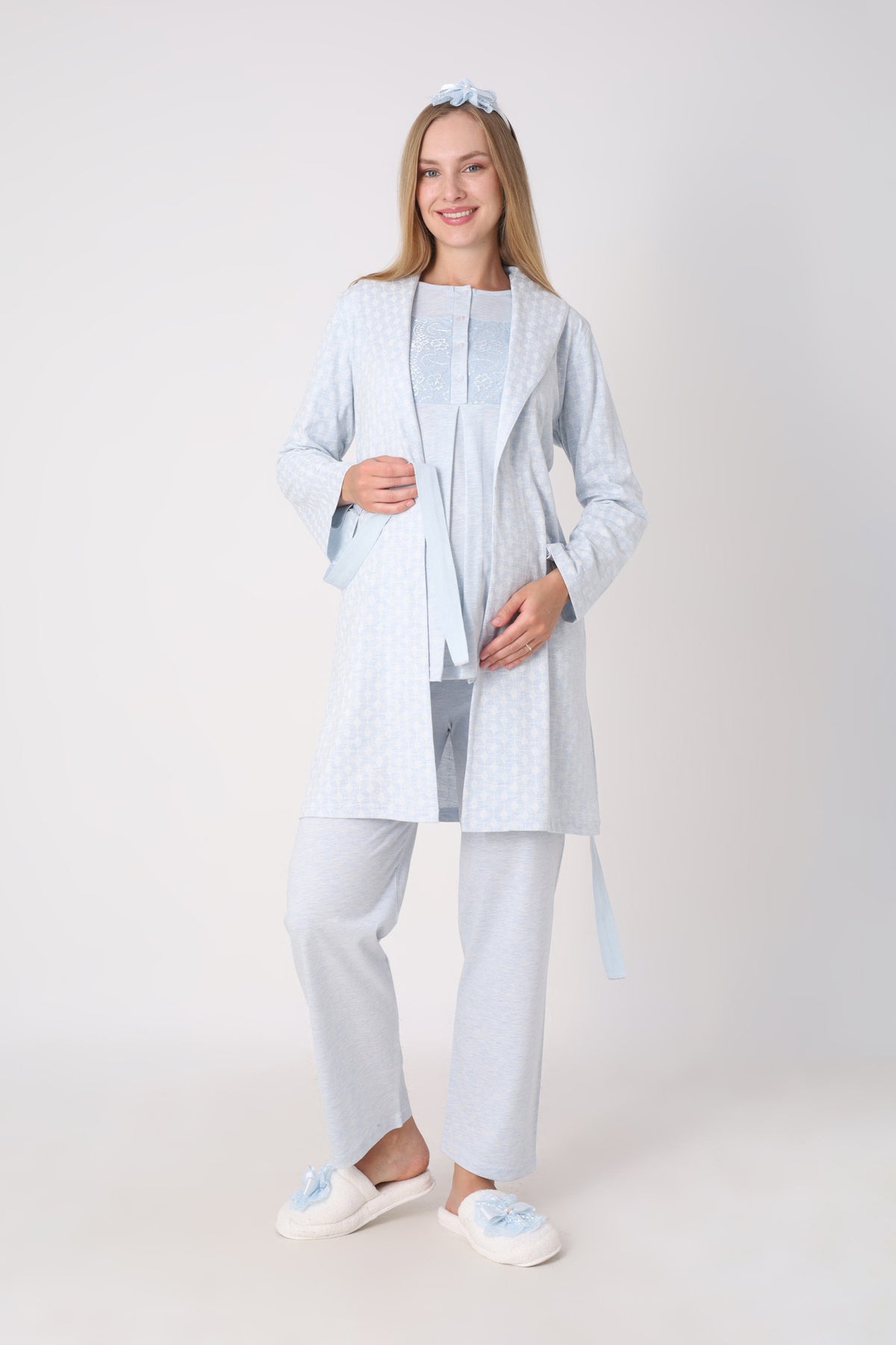 Hamile Pijama ve Sabahlık Takımı – 3’lü Lohusa Seti, Kendinden Desenli Sabahlık ve Dantelli Üst - 3482 13
