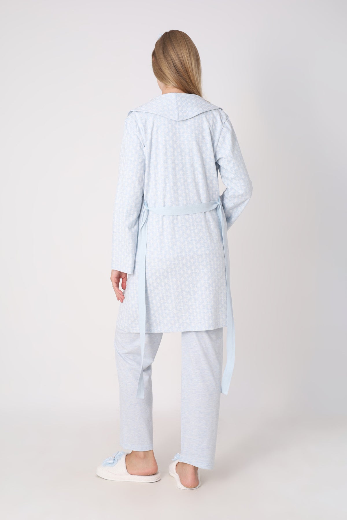 Hamile Pijama ve Sabahlık Takımı – 3’lü Lohusa Seti, Kendinden Desenli Sabahlık ve Dantelli Üst - 3482 15