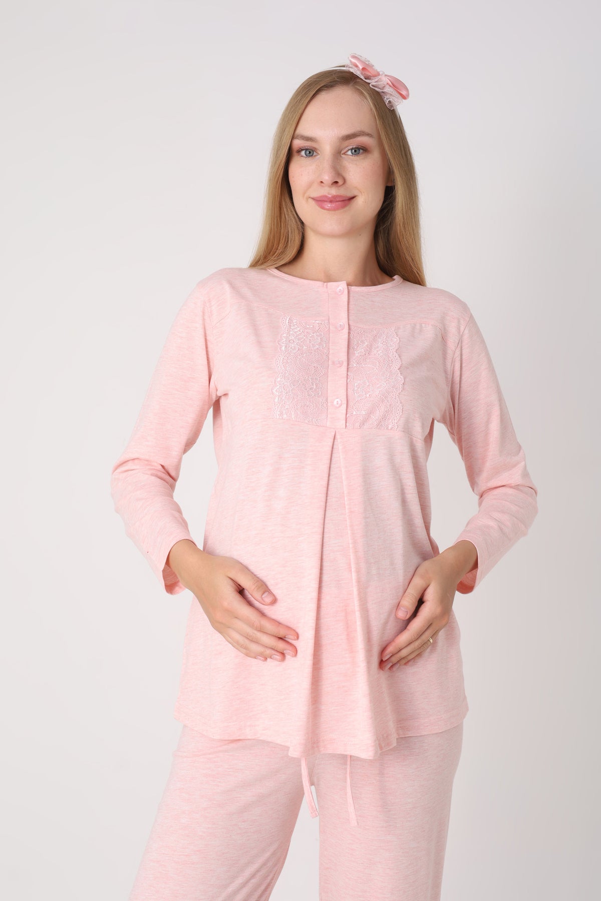 Hamile Pijama ve Sabahlık Takımı – 3’lü Lohusa Seti, Kendinden Desenli Sabahlık ve Dantelli Üst - 3482 22