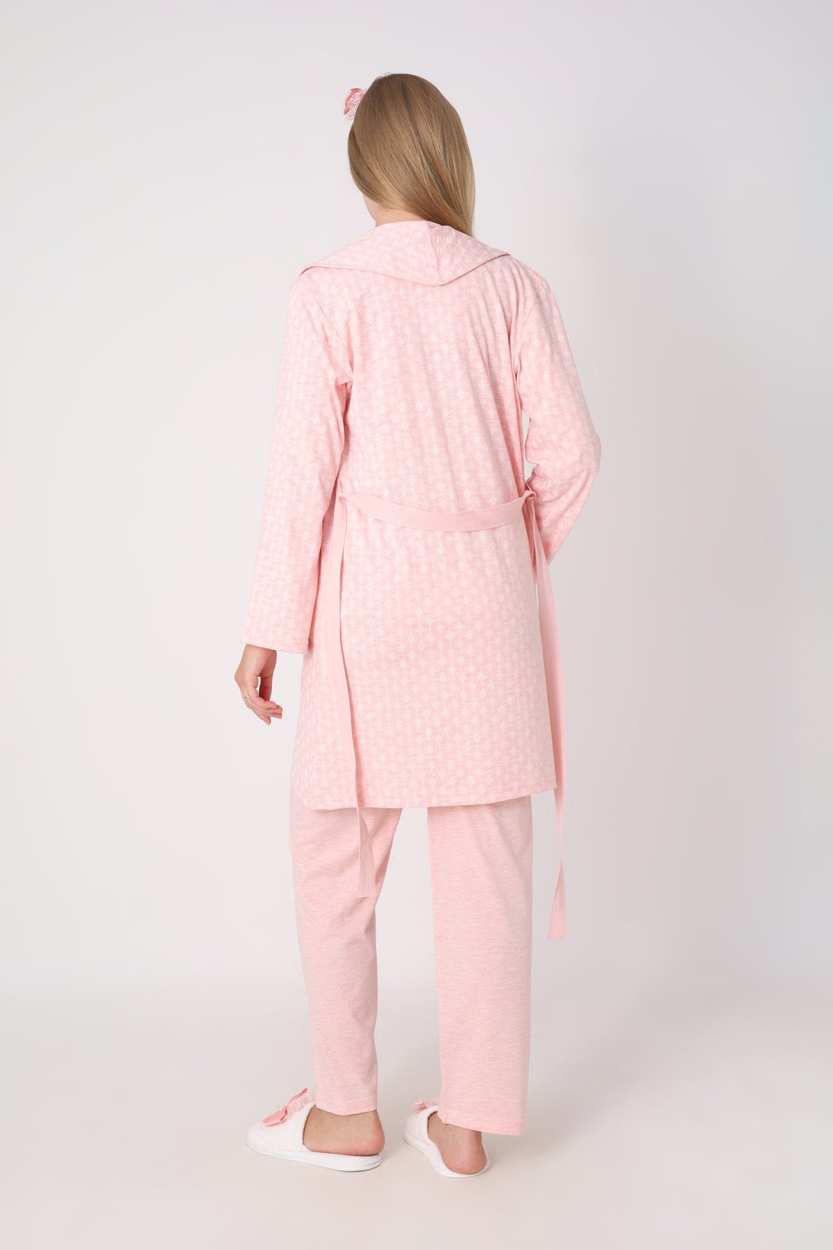 Hamile Pijama ve Sabahlık Takımı – 3’lü Lohusa Seti, Kendinden Desenli Sabahlık ve Dantelli Üst - 3482 21