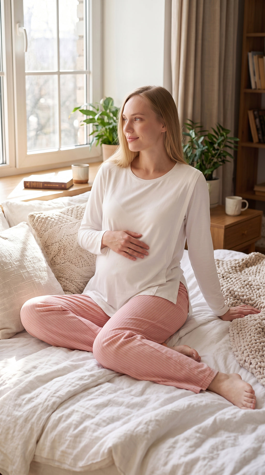Gizli Emzirmeli Ayarlanabilir Belli Hamile Lohusa Pijama Takımı - Beyaz / Vizon - Nar - Mint - 1179