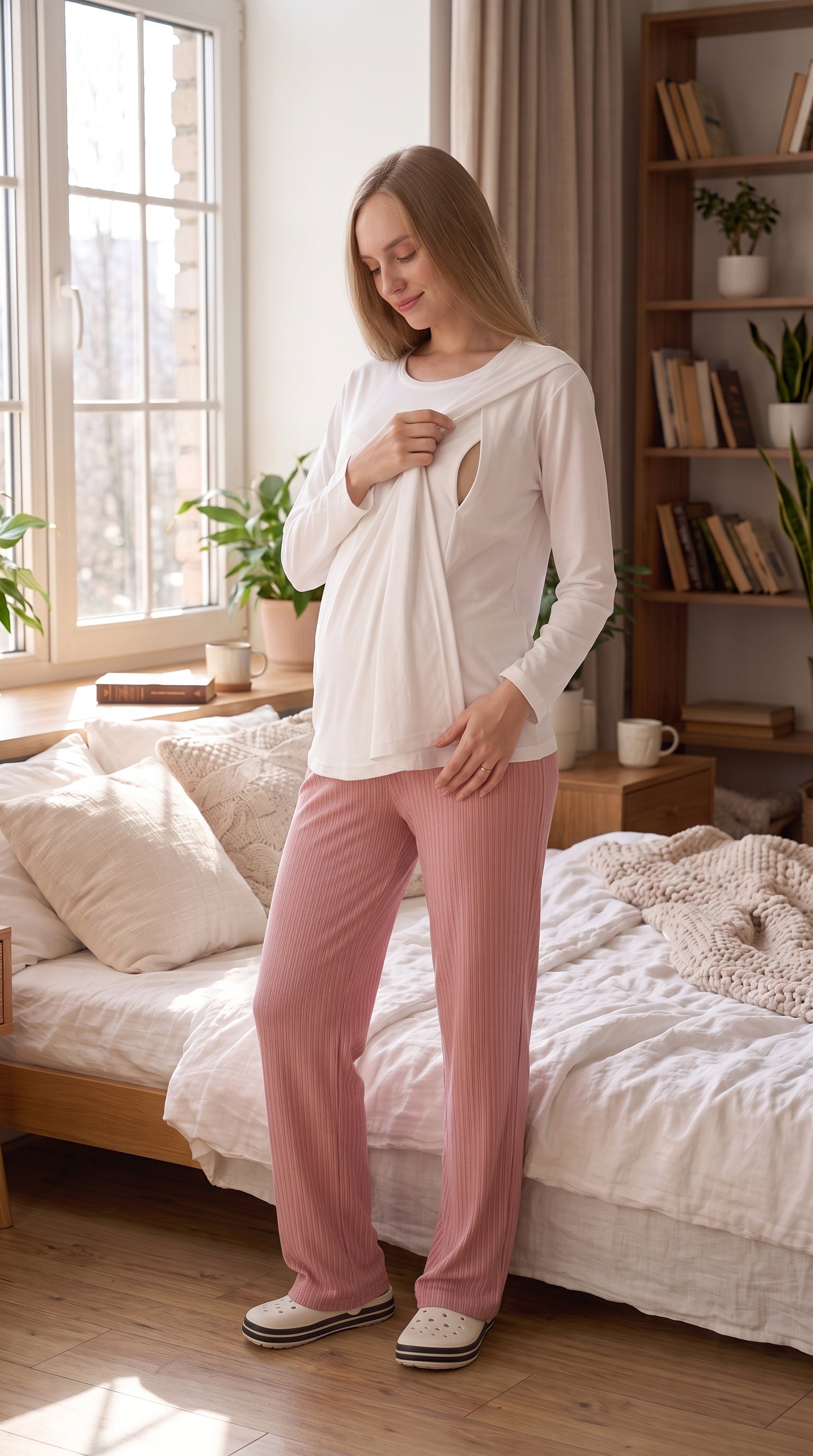 Gizli Emzirmeli Ayarlanabilir Belli Hamile Lohusa Pijama Takımı - Beyaz / Vizon - Nar - Mint - 1179 7