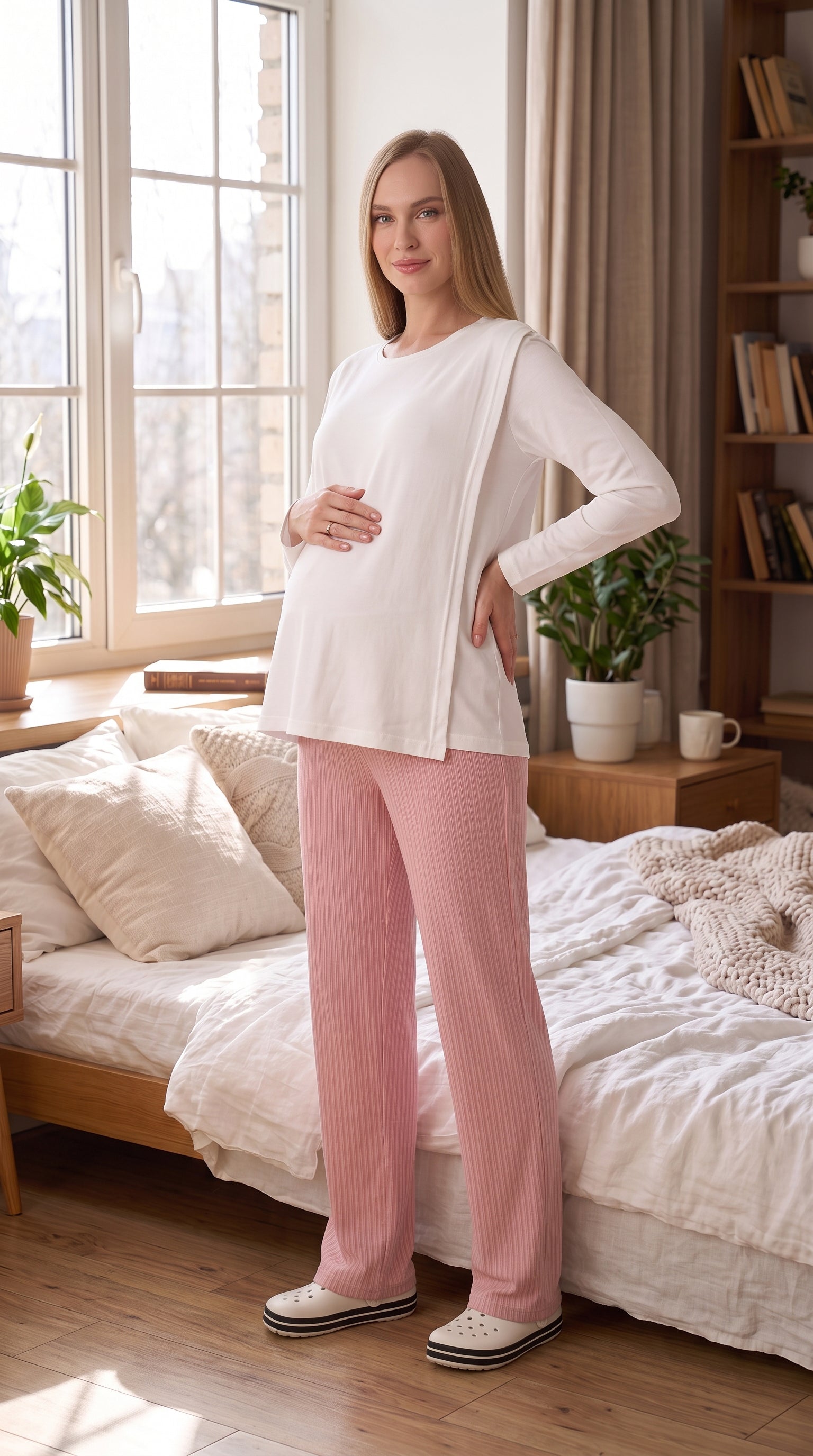 Gizli Emzirmeli Ayarlanabilir Belli Hamile Lohusa Pijama Takımı - Beyaz / Vizon - Nar - Mint - 1179 6