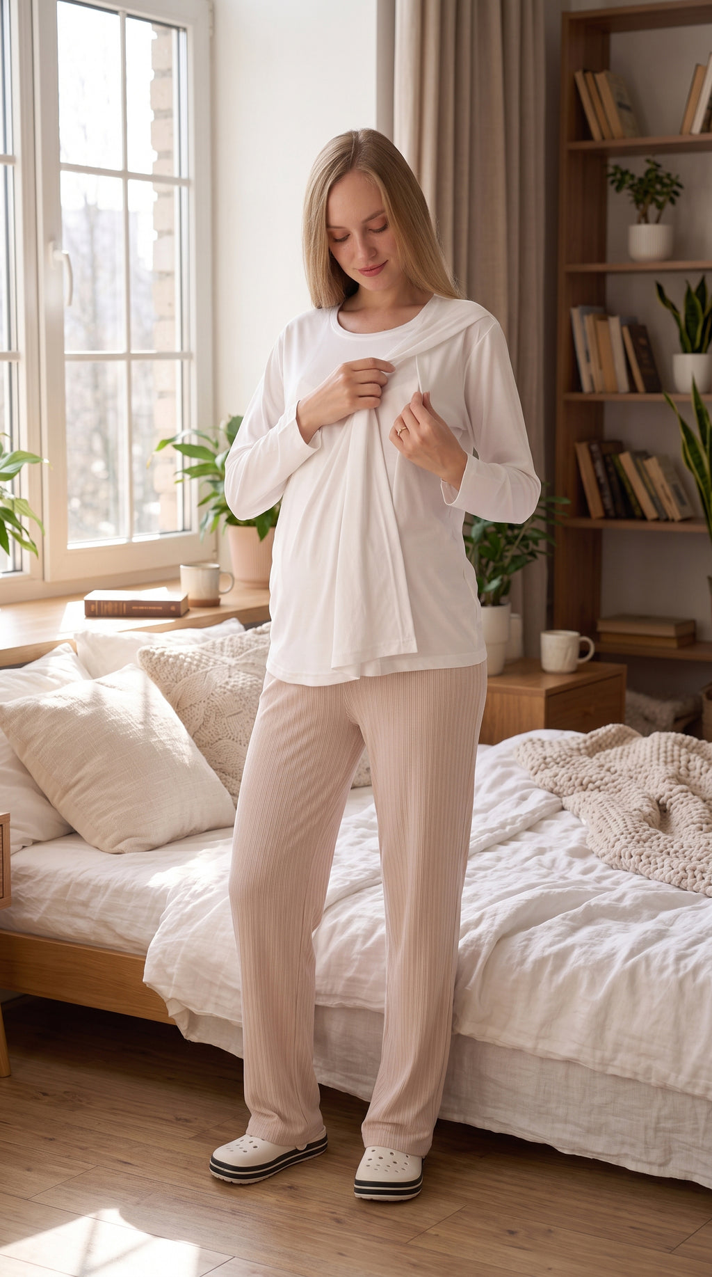 Gizli Emzirmeli Ayarlanabilir Belli Hamile Lohusa Pijama Takımı - Beyaz / Vizon - Nar - Mint - 1179