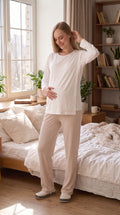 Gizli Emzirmeli Ayarlanabilir Belli Hamile Lohusa Pijama Takımı - Beyaz / Vizon - Nar - Mint - 1179