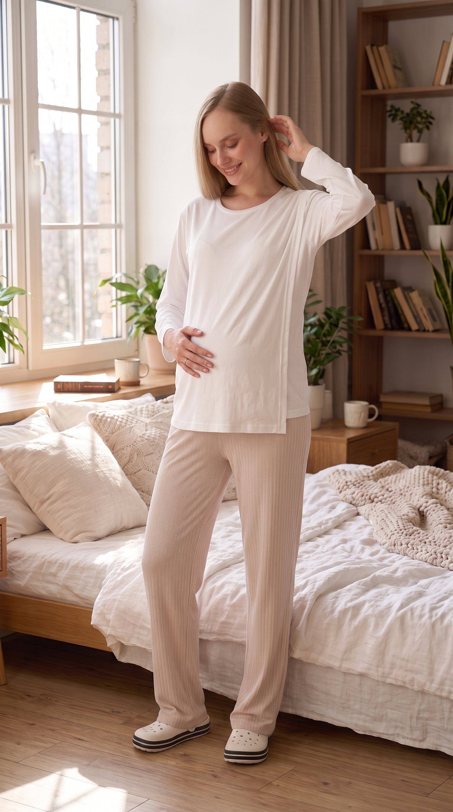Gizli Emzirmeli Ayarlanabilir Belli Hamile Lohusa Pijama Takımı - Beyaz / Vizon - Nar - Mint - 1179 1