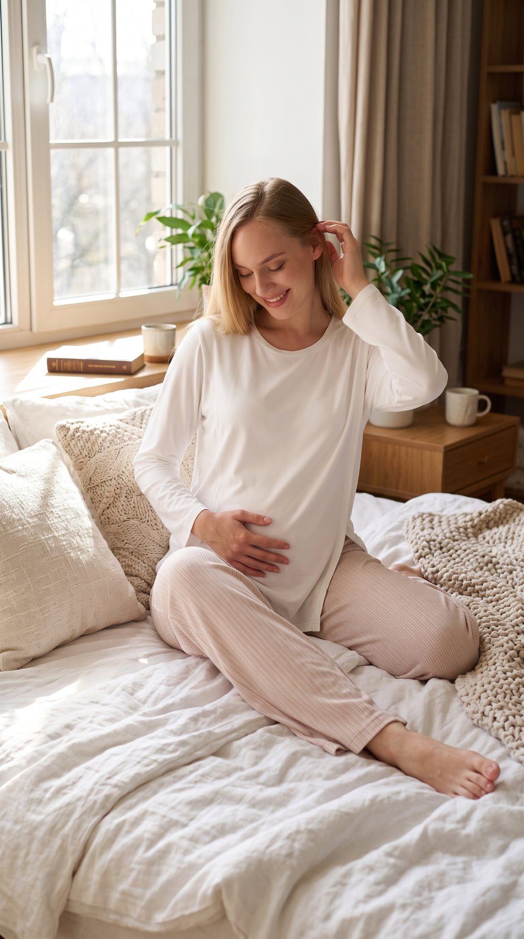 Gizli Emzirmeli Ayarlanabilir Belli Hamile Lohusa Pijama Takımı - Beyaz / Vizon - Nar - Mint - 1179