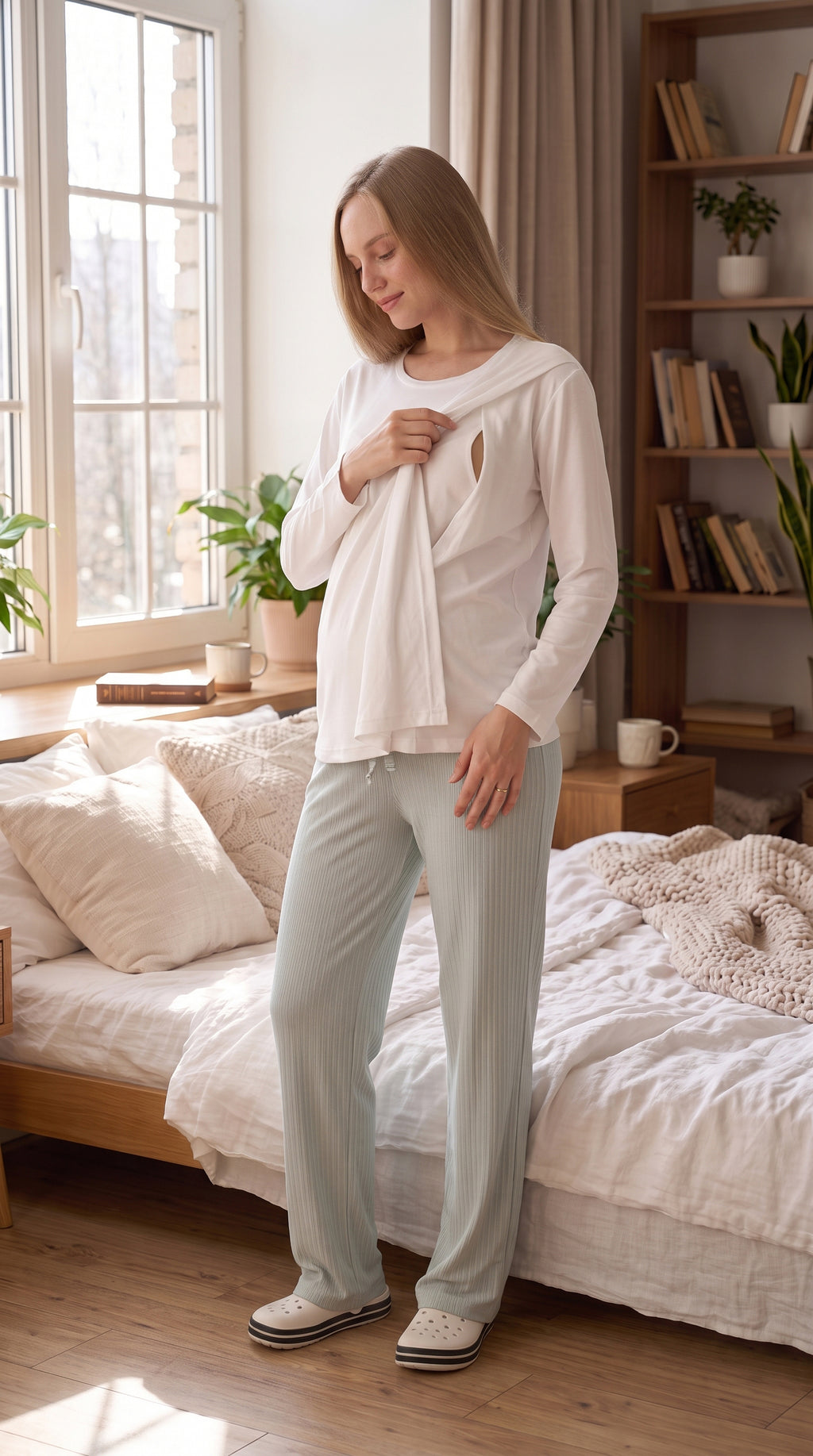 Gizli Emzirmeli Ayarlanabilir Belli Hamile Lohusa Pijama Takımı - Beyaz / Vizon - Nar - Mint - 1179