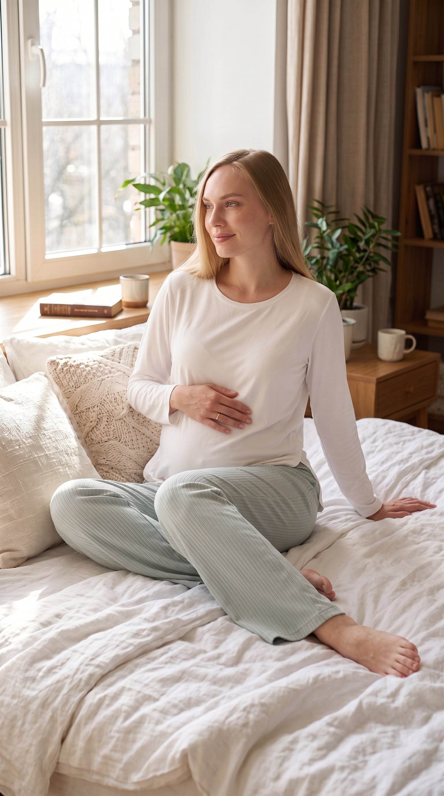 Gizli Emzirmeli Ayarlanabilir Belli Hamile Lohusa Pijama Takımı - Beyaz / Vizon - Nar - Mint - 1179 14