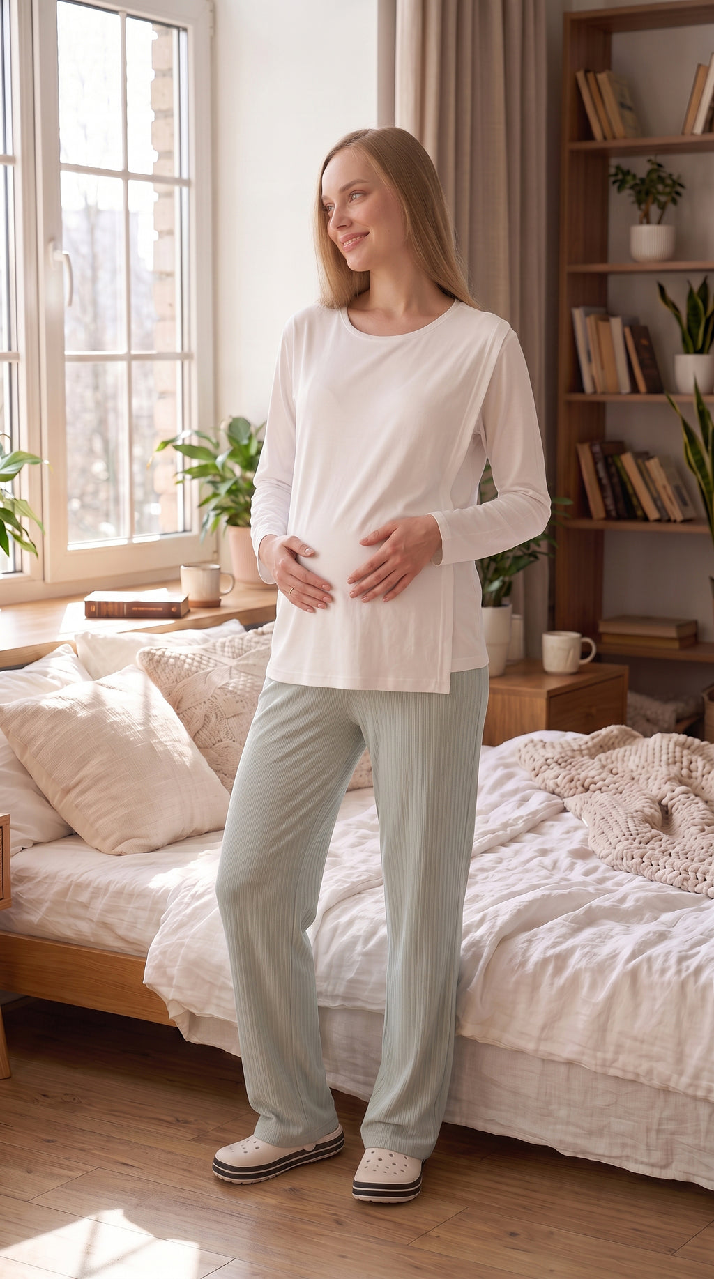 Gizli Emzirmeli Ayarlanabilir Belli Hamile Lohusa Pijama Takımı - Beyaz / Vizon - Nar - Mint - 1179