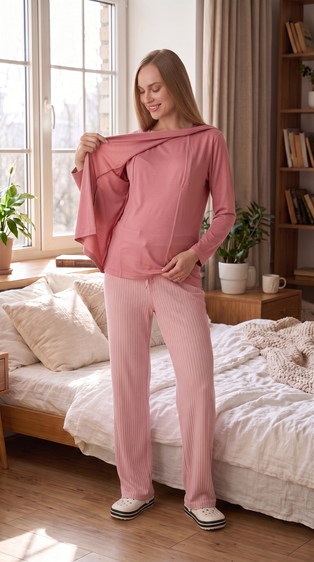 Tek Renk Düğmesiz Hamile Pijama Takımı - Gizli Emzirme Bölmeli - 1178