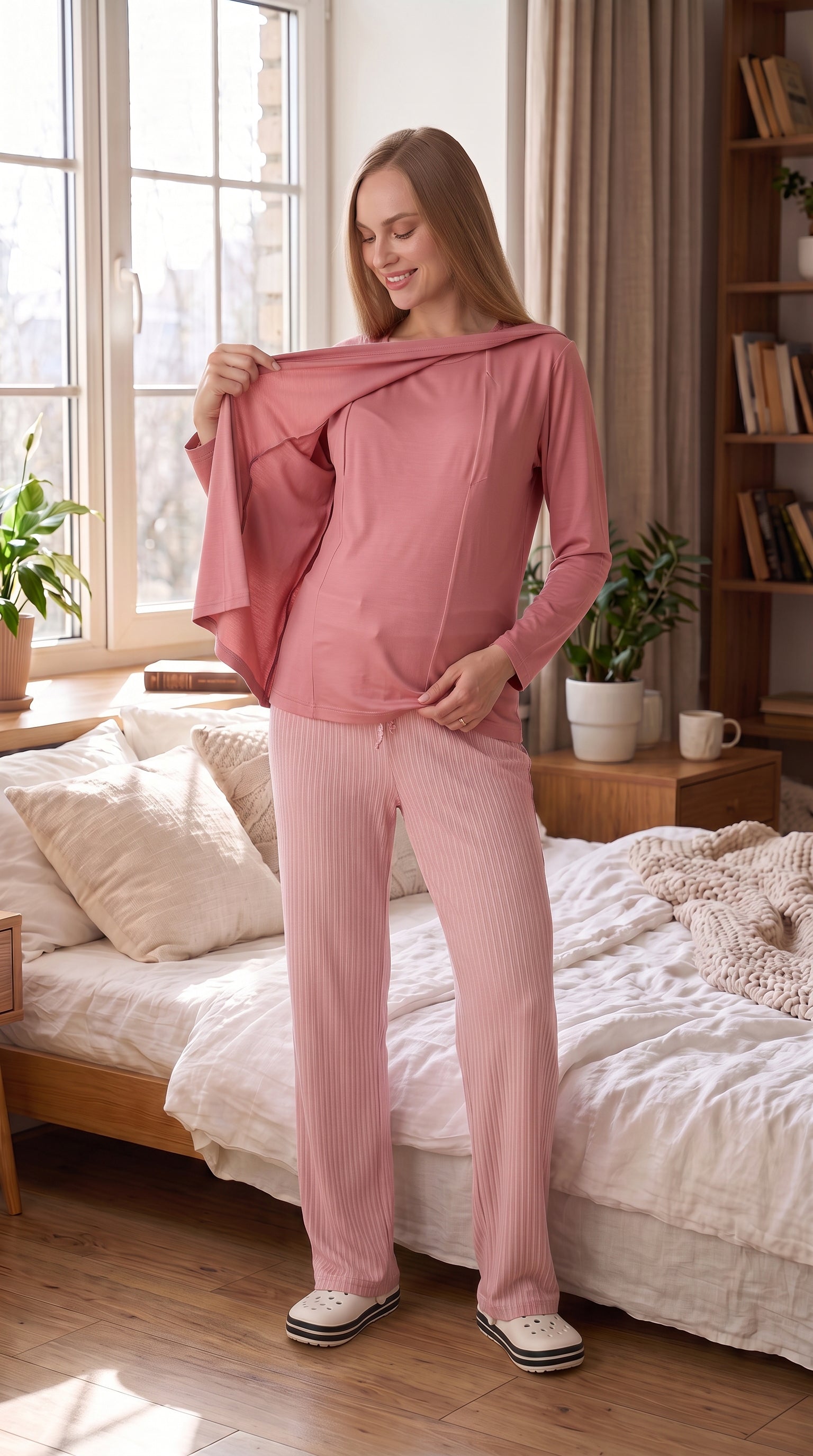 Tek Renk Düğmesiz Hamile Pijama Takımı - Gizli Emzirme Bölmeli - 1178 7