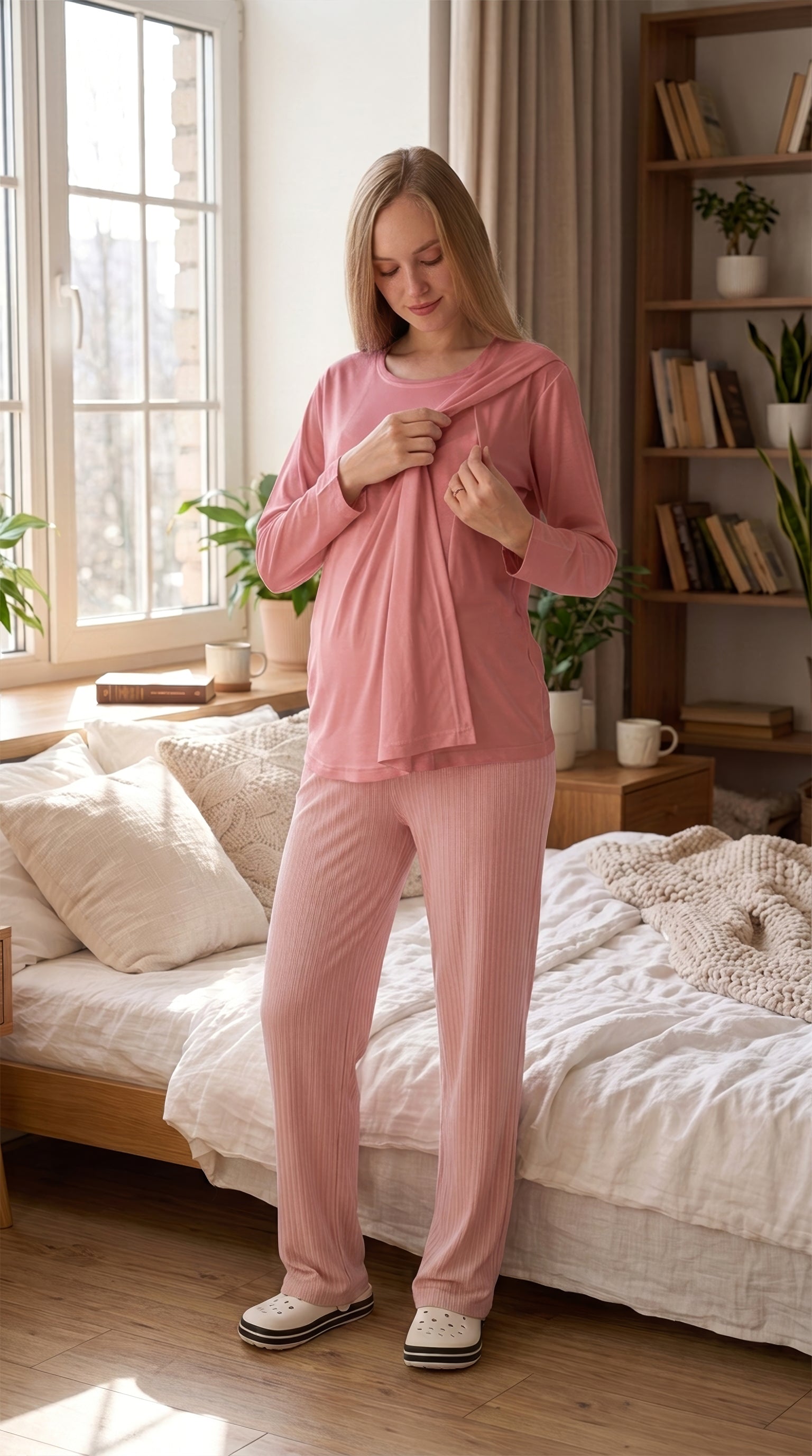 Tek Renk Düğmesiz Hamile Pijama Takımı - Gizli Emzirme Bölmeli - 1178 8