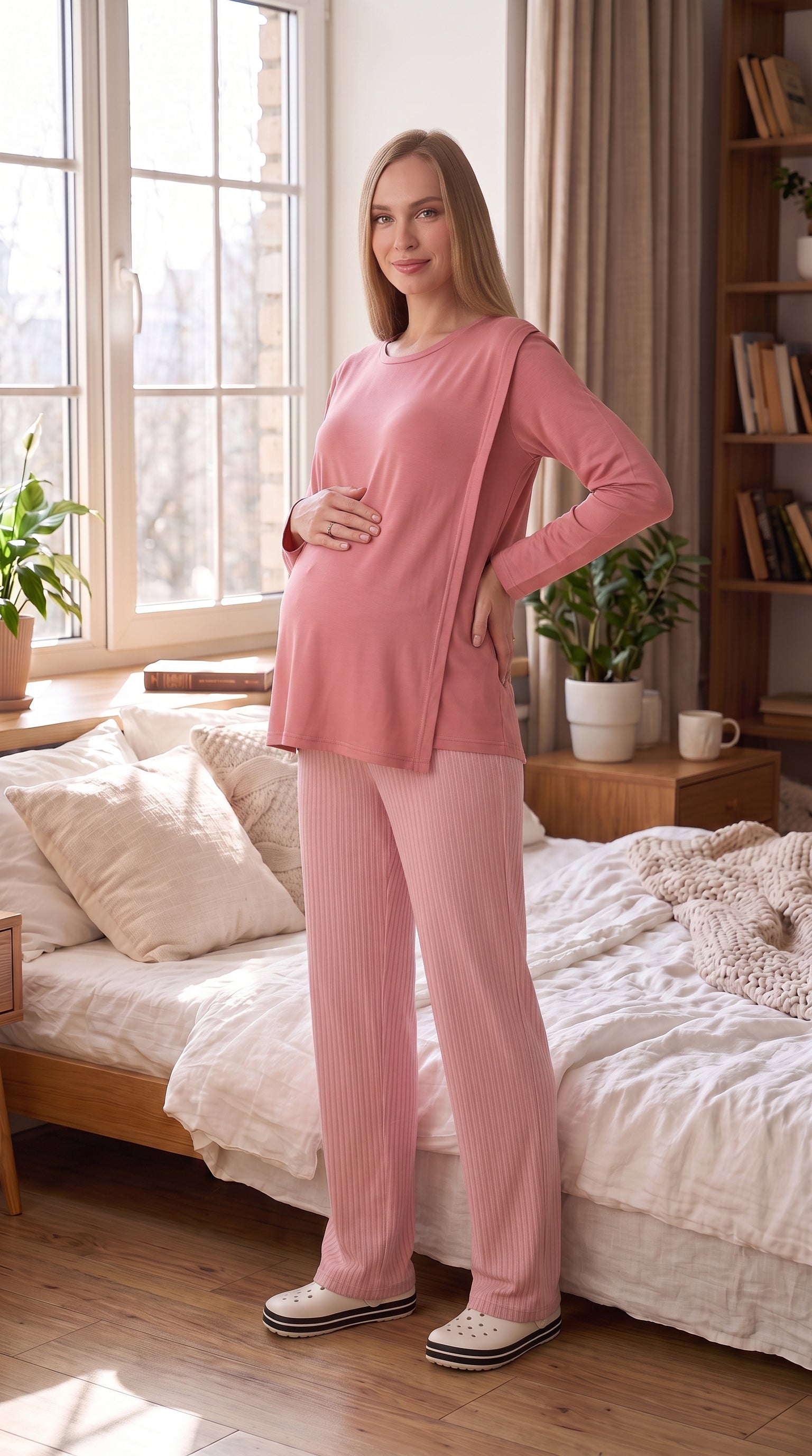 Tek Renk Düğmesiz Hamile Pijama Takımı - Gizli Emzirme Bölmeli - 1178 6