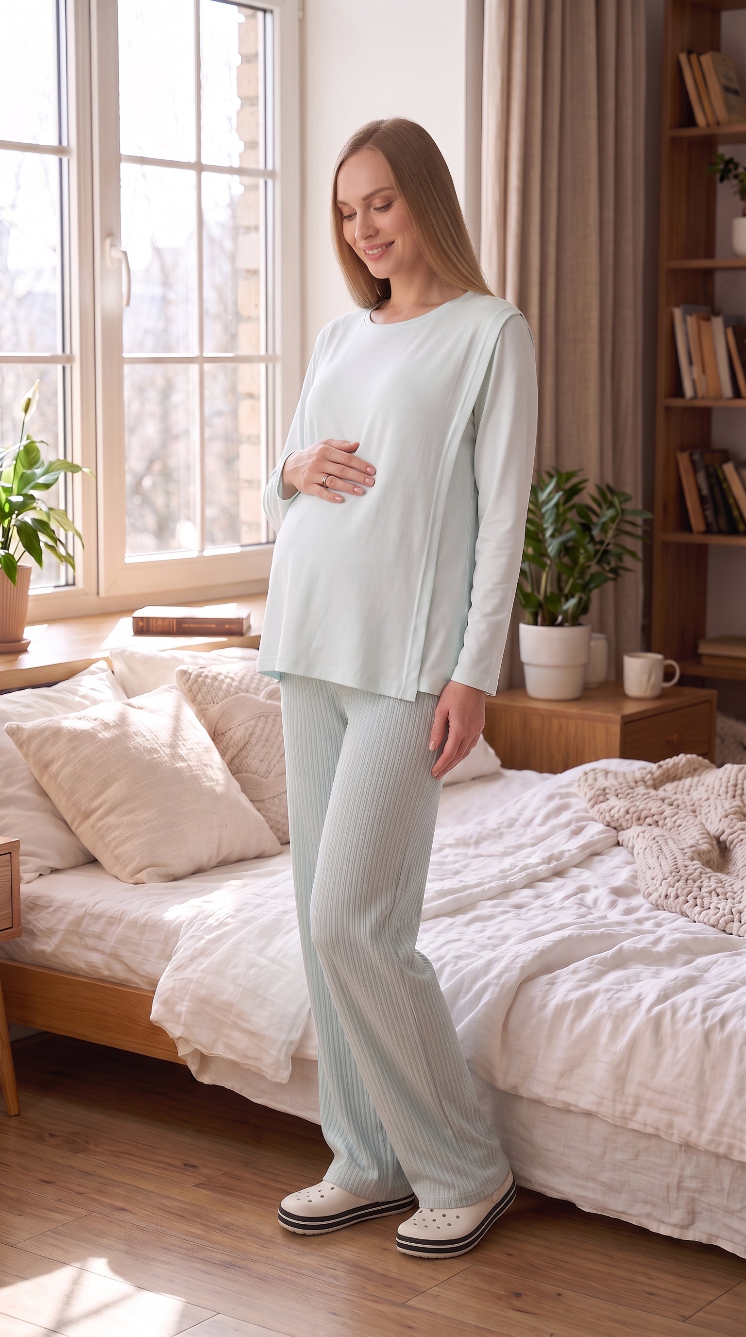 Tek Renk Düğmesiz Hamile Pijama Takımı - Gizli Emzirme Bölmeli - 1178 1