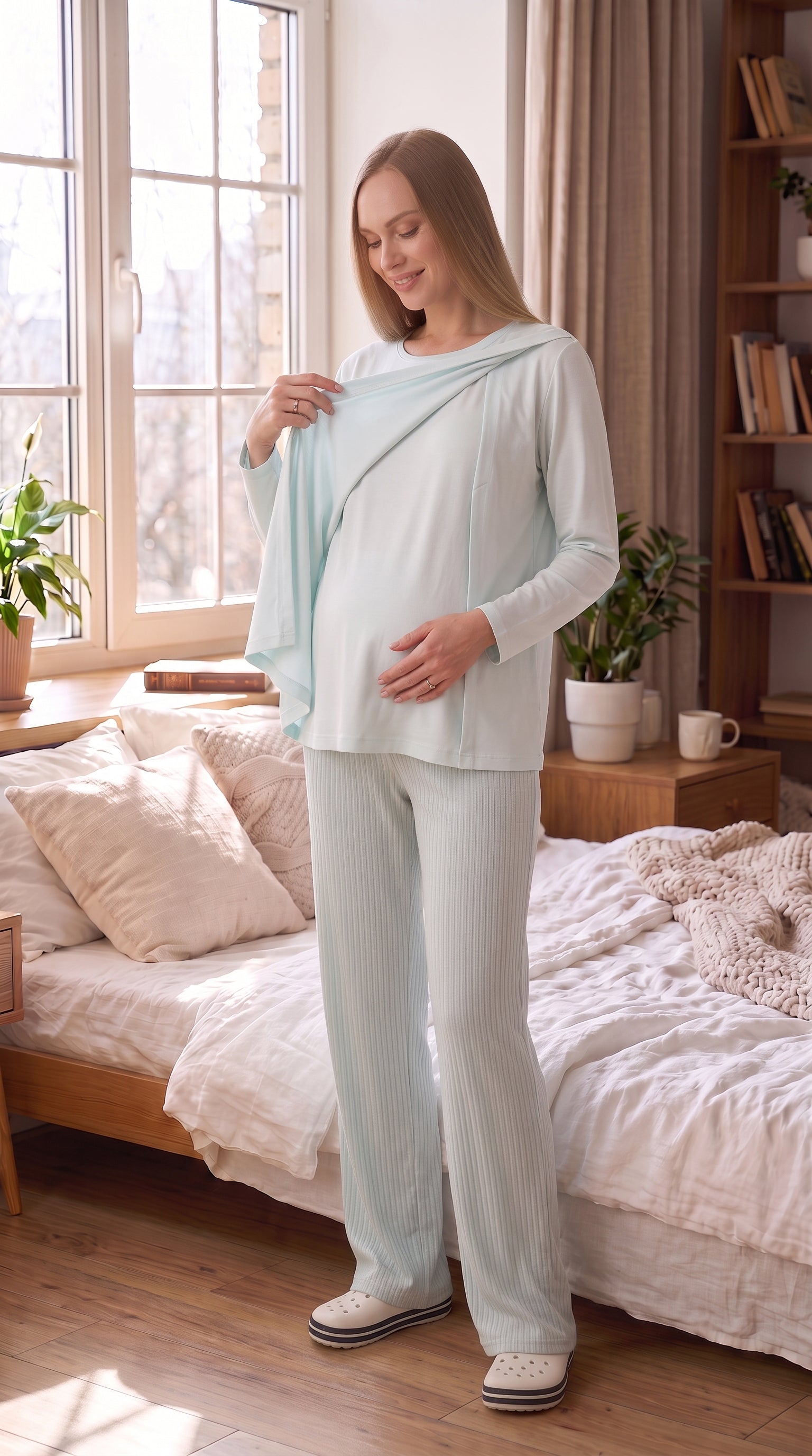 Tek Renk Düğmesiz Hamile Pijama Takımı - Gizli Emzirme Bölmeli - 1178 3