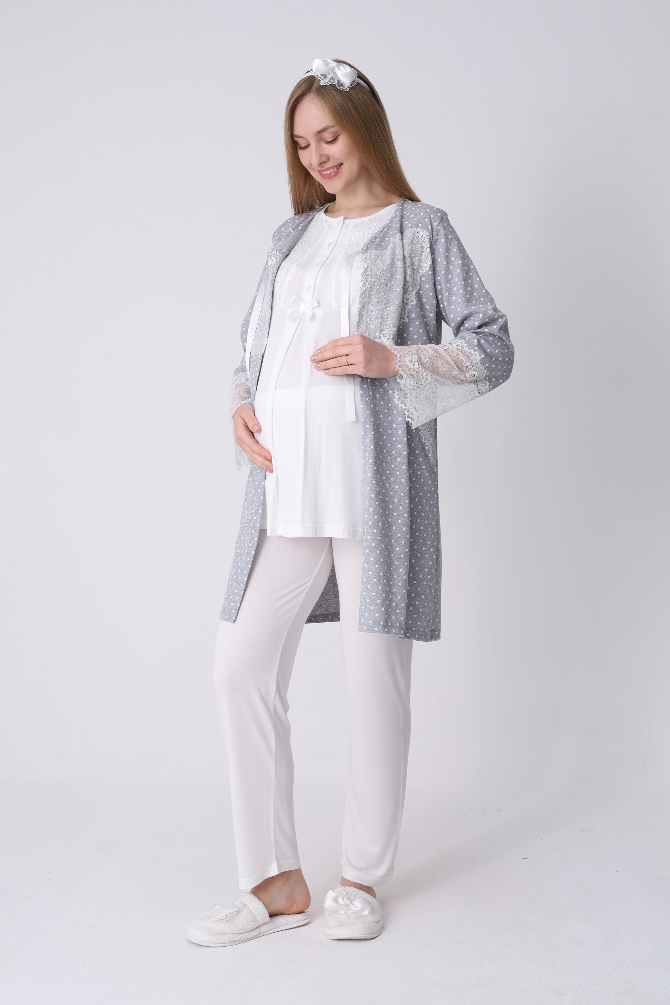 Lohusa Pijama Sabahlık 3'lü Takım Puantiyeli Dantel Kollu Düğmeli Emzirme Pamuk Viskon Hamile Set - 3469 7