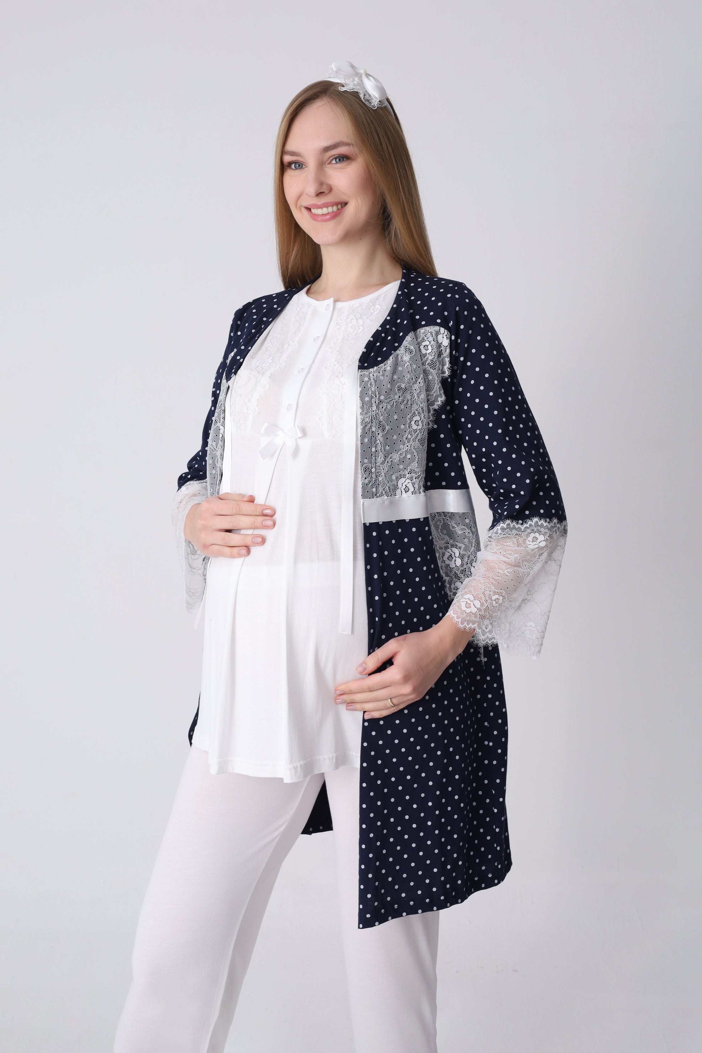 Lohusa Pijama Sabahlık 3'lü Takım Puantiyeli Dantel Kollu Düğmeli Emzirme Pamuk Viskon Hamile Set - 3469 14