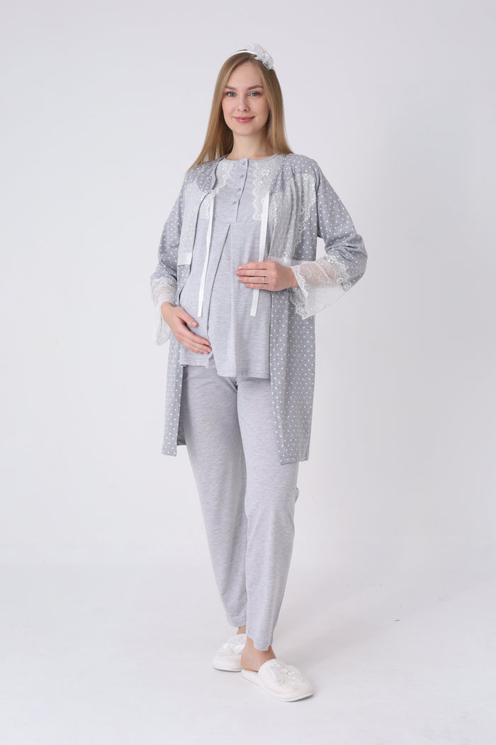 Lohusa Pijama Sabahlık 3'lü Takım Puantiyeli Dantel Kollu Düğmeli Emzirme Pamuk Viskon Hamile Set - 3469