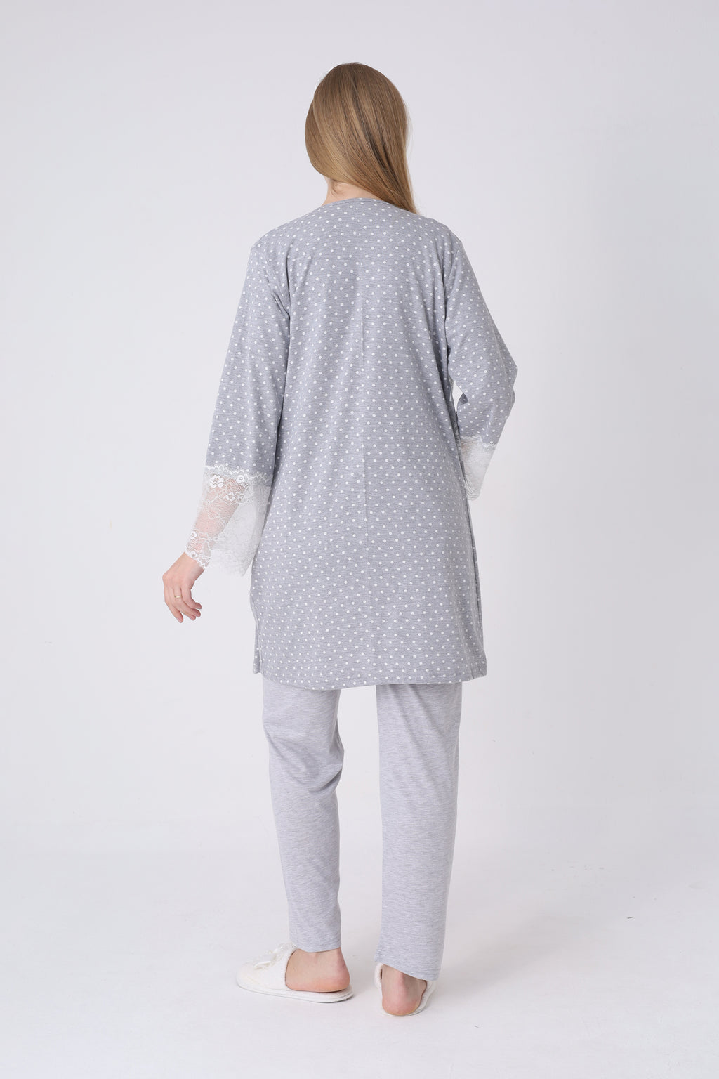 Lohusa Pijama Sabahlık 3'lü Takım Puantiyeli Dantel Kollu Düğmeli Emzirme Pamuk Viskon Hamile Set - 3469