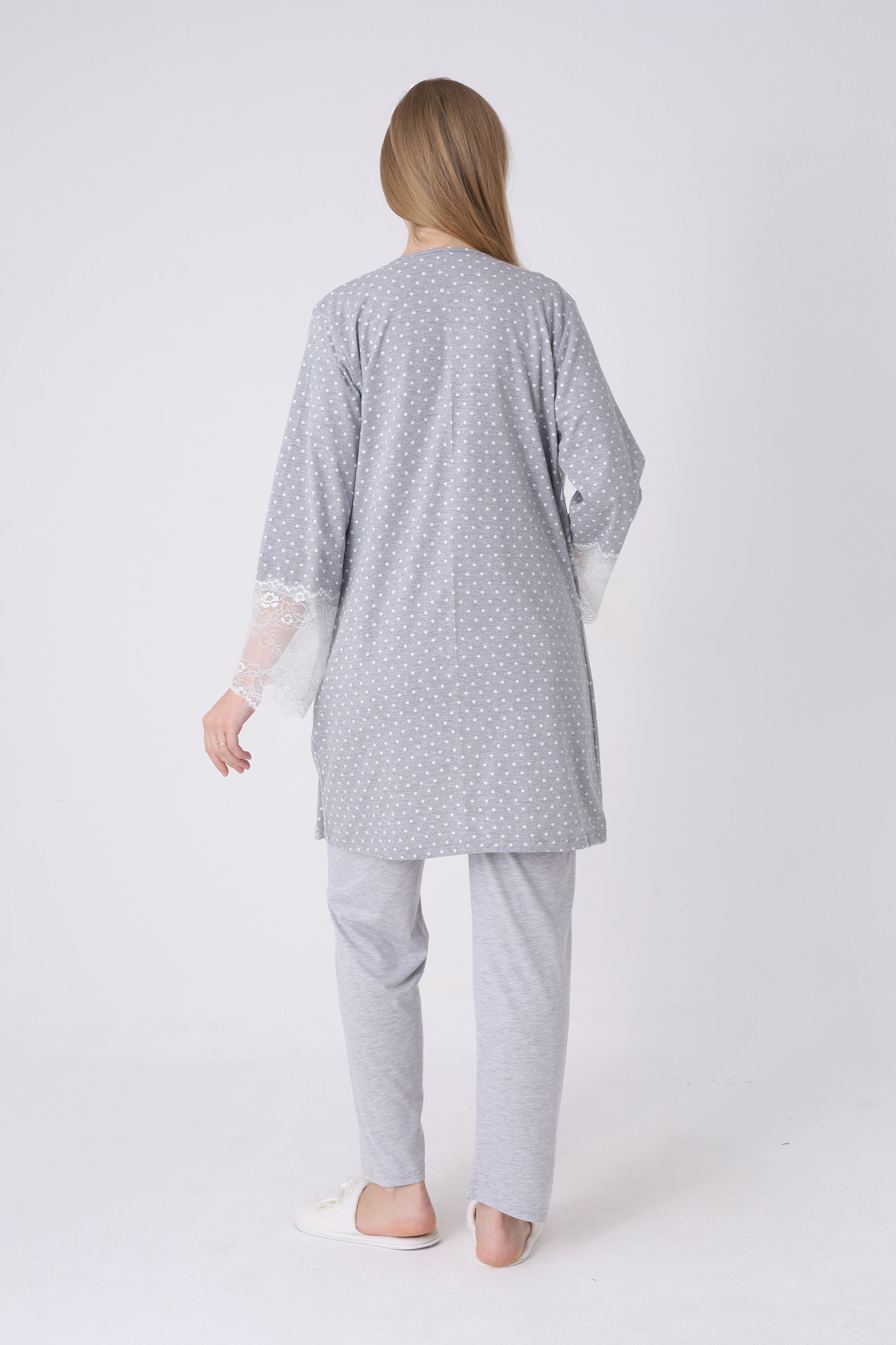 Lohusa Pijama Sabahlık 3'lü Takım Puantiyeli Dantel Kollu Düğmeli Emzirme Pamuk Viskon Hamile Set - 3469 3