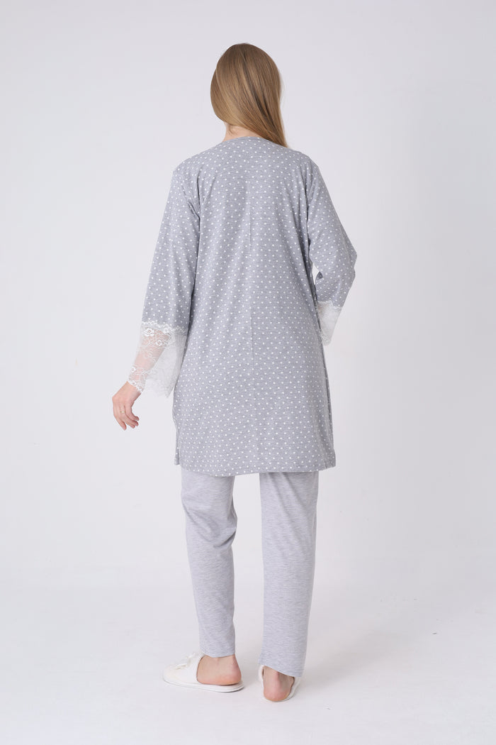 Lohusa Pijama Sabahlık 3'lü Takım Puantiyeli Dantel Kollu Düğmeli Emzirme Pamuk Viskon Hamile Set - 3469