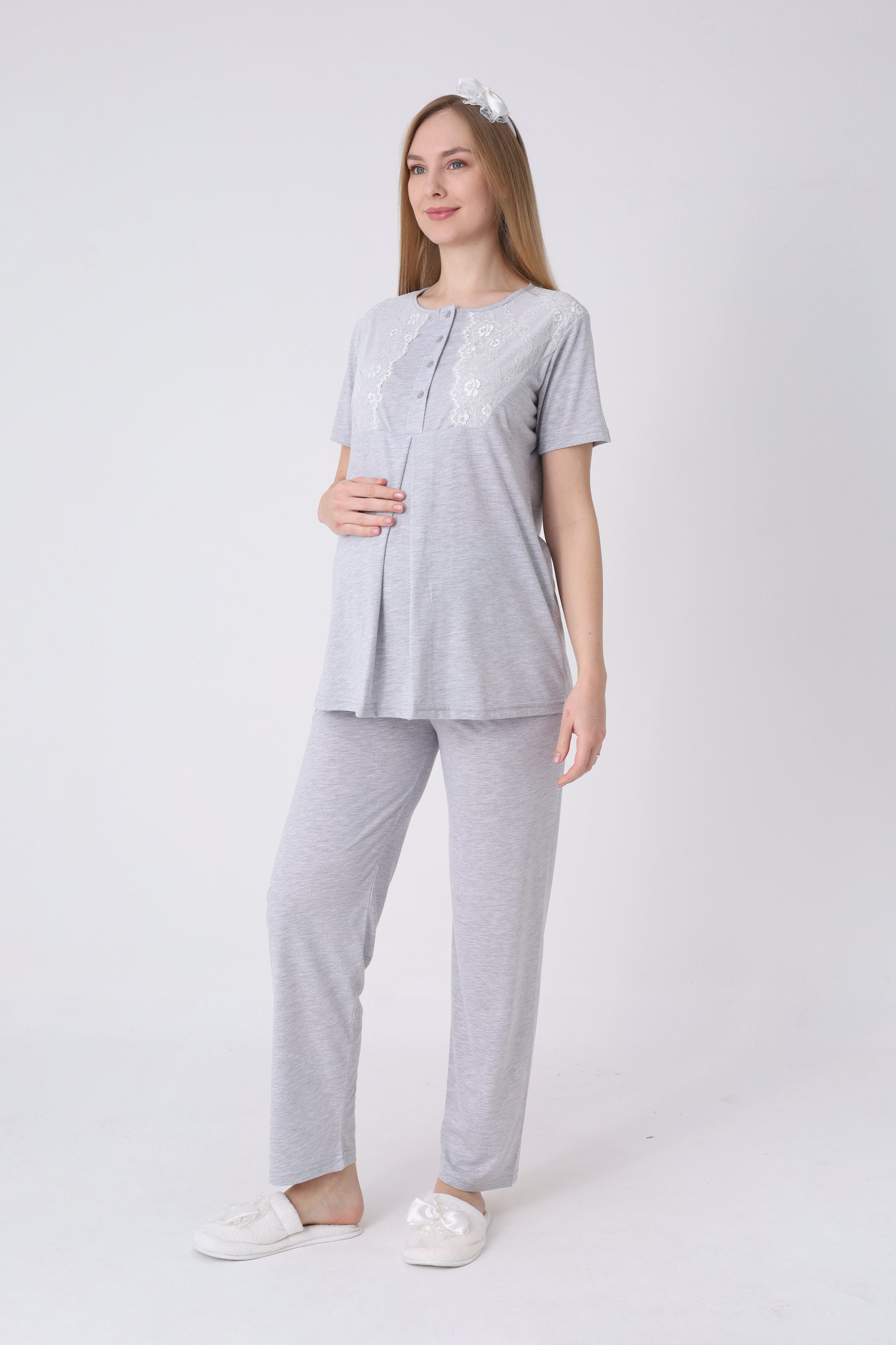 Lohusa Pijama Sabahlık 3'lü Takım Puantiyeli Dantel Kollu Düğmeli Emzirme Pamuk Viskon Hamile Set - 3469 4