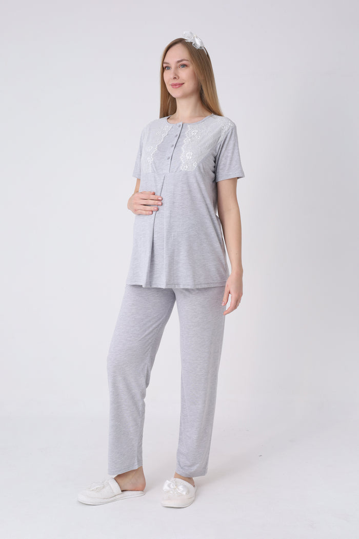 Lohusa Pijama Sabahlık 3'lü Takım Puantiyeli Dantel Kollu Düğmeli Emzirme Pamuk Viskon Hamile Set - 3469
