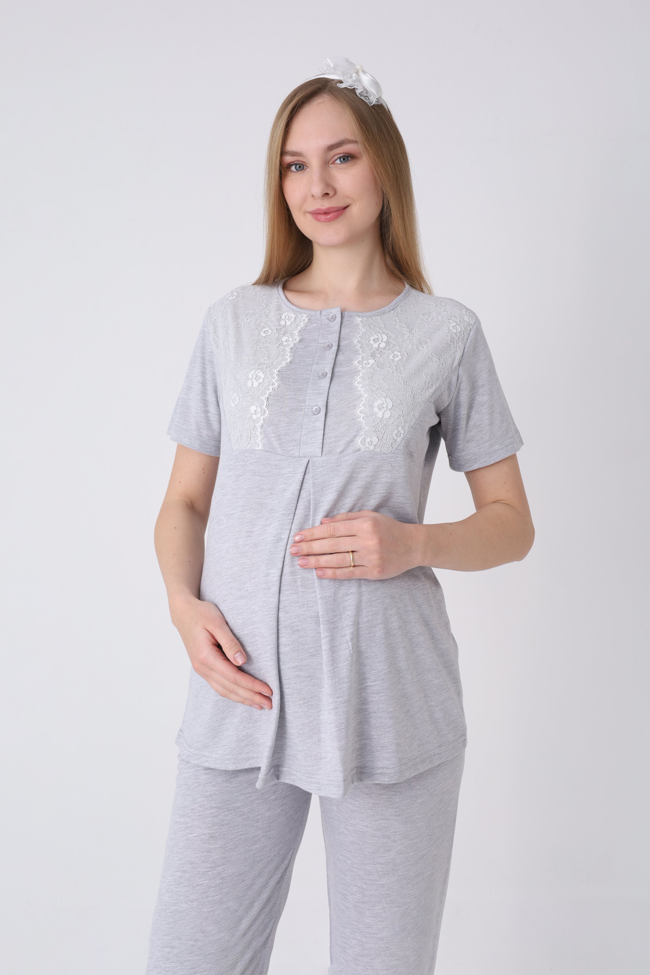 Lohusa Pijama Sabahlık 3'lü Takım Puantiyeli Dantel Kollu Düğmeli Emzirme Pamuk Viskon Hamile Set - 3469 5