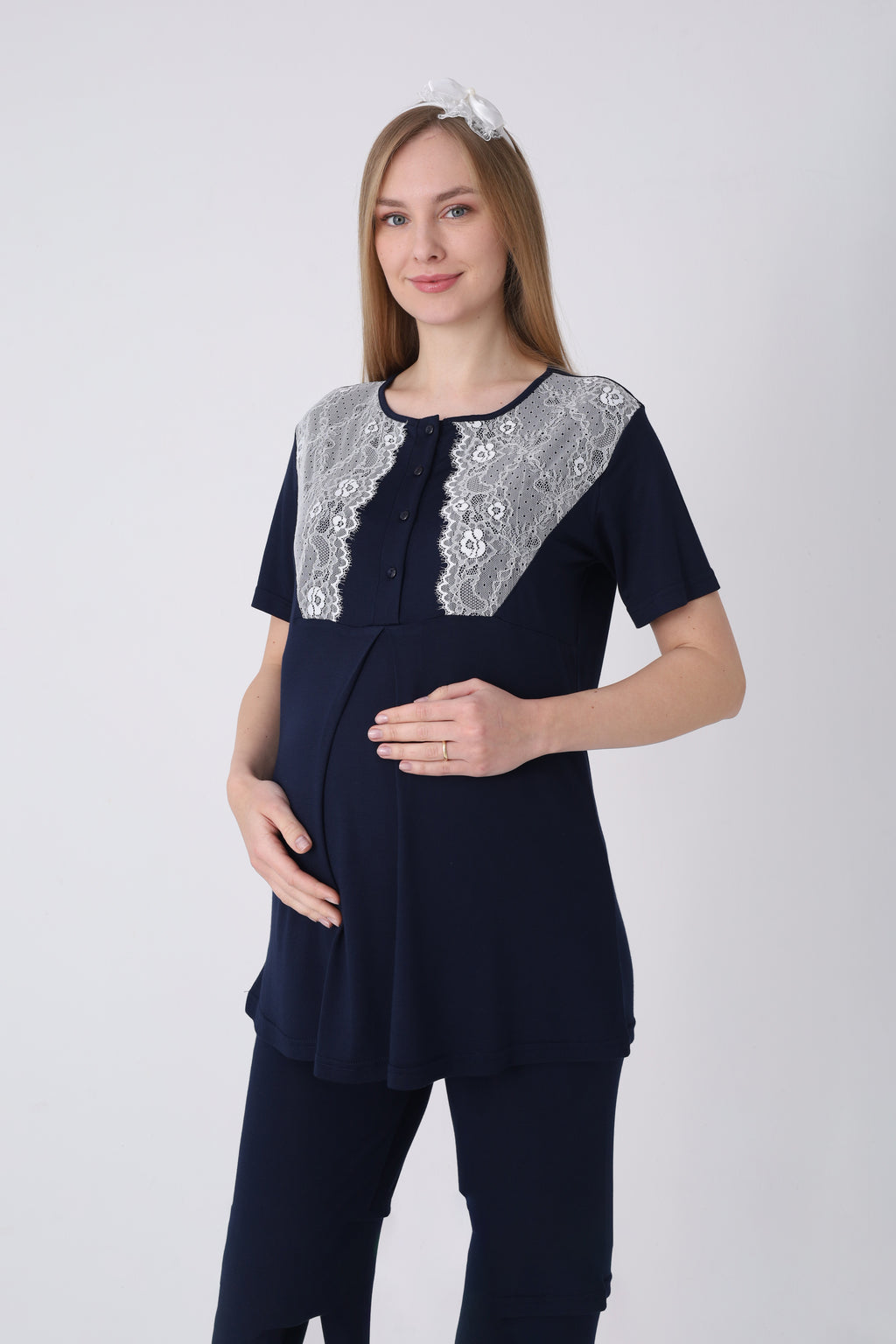 Lohusa Pijama Sabahlık 3'lü Takım Puantiyeli Dantel Kollu Düğmeli Emzirme Pamuk Viskon Hamile Set - 3469