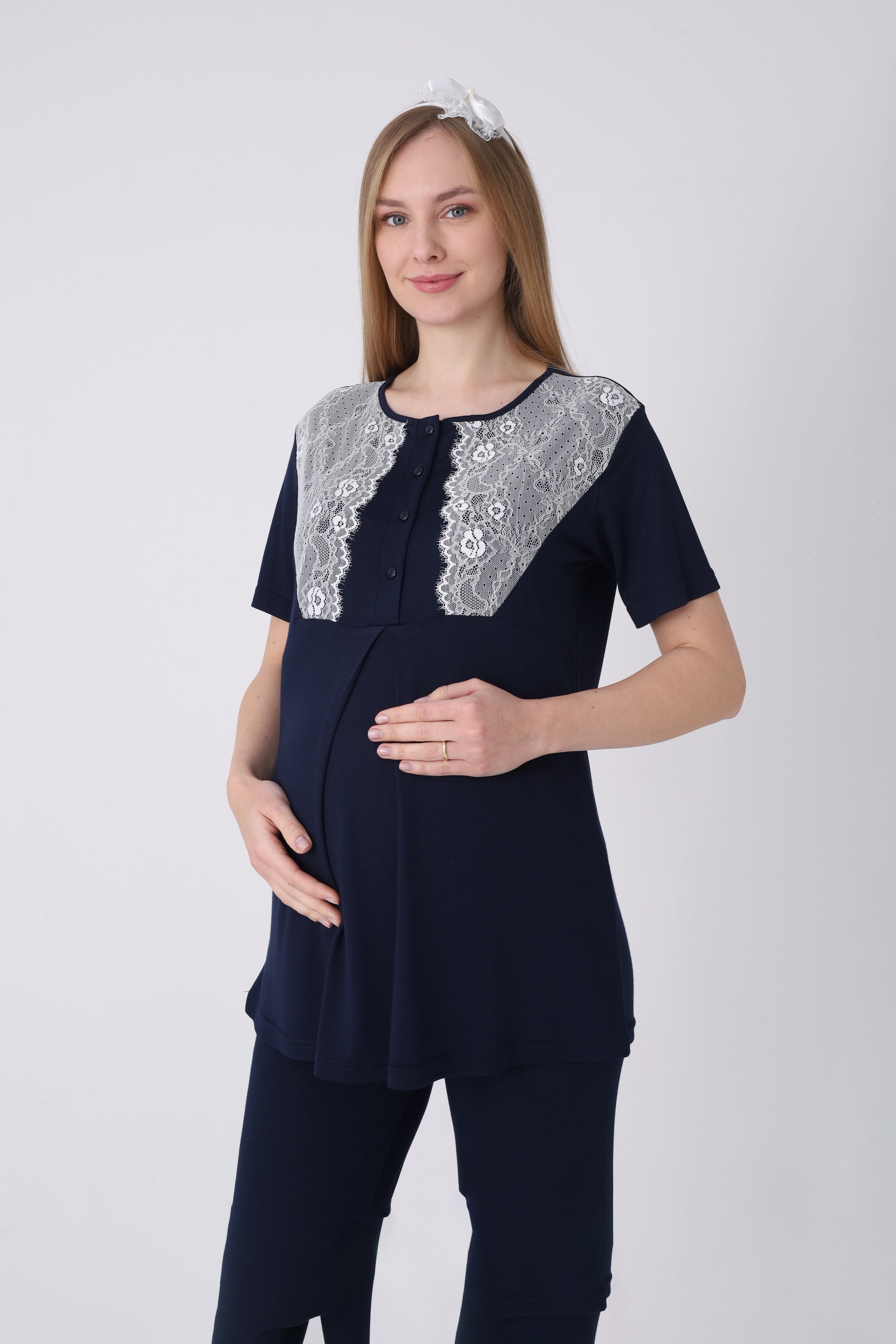 Lohusa Pijama Sabahlık 3'lü Takım Puantiyeli Dantel Kollu Düğmeli Emzirme Pamuk Viskon Hamile Set - 3469 19