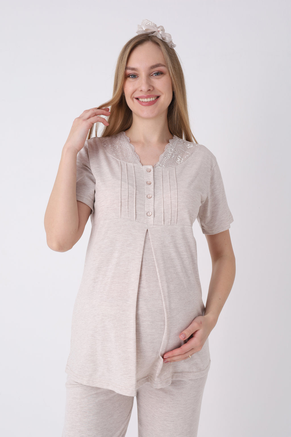 Lohusa Pijama Sabahlık 3'lü Takım Dalga Dokulu Dantel Yakalı Düğmeli Emzirme Pamuk Viskon Set - 3462
