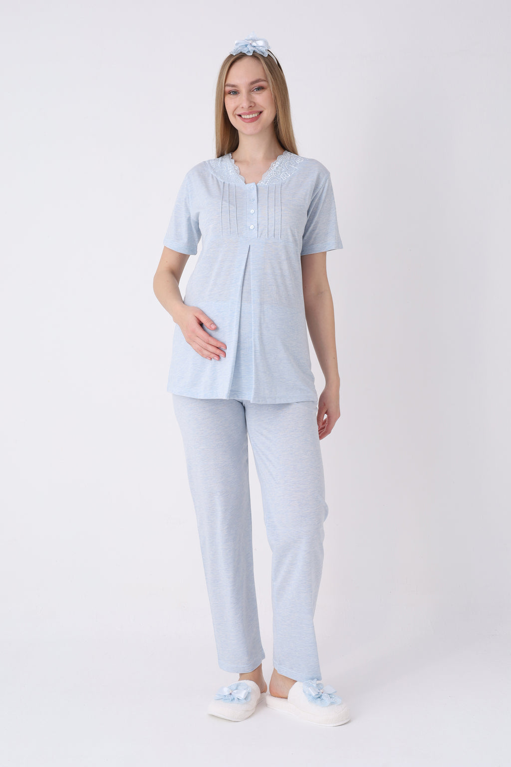 Lohusa Pijama Sabahlık 3'lü Takım Dalga Dokulu Dantel Yakalı Düğmeli Emzirme Pamuk Viskon Set - 3462