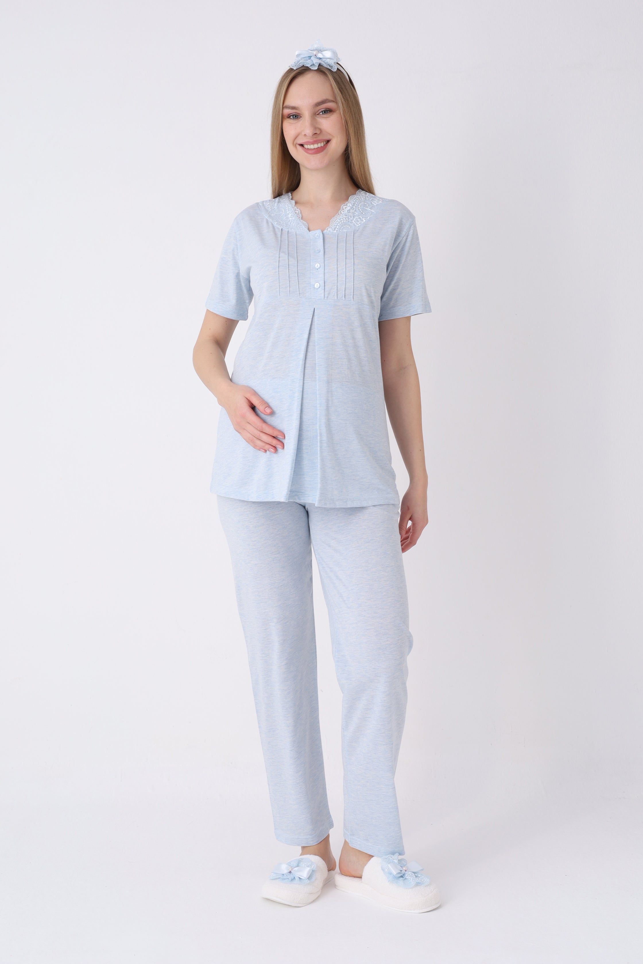 Lohusa Pijama Sabahlık 3'lü Takım Dalga Dokulu Dantel Yakalı Düğmeli Emzirme Pamuk Viskon Set - 3462 3