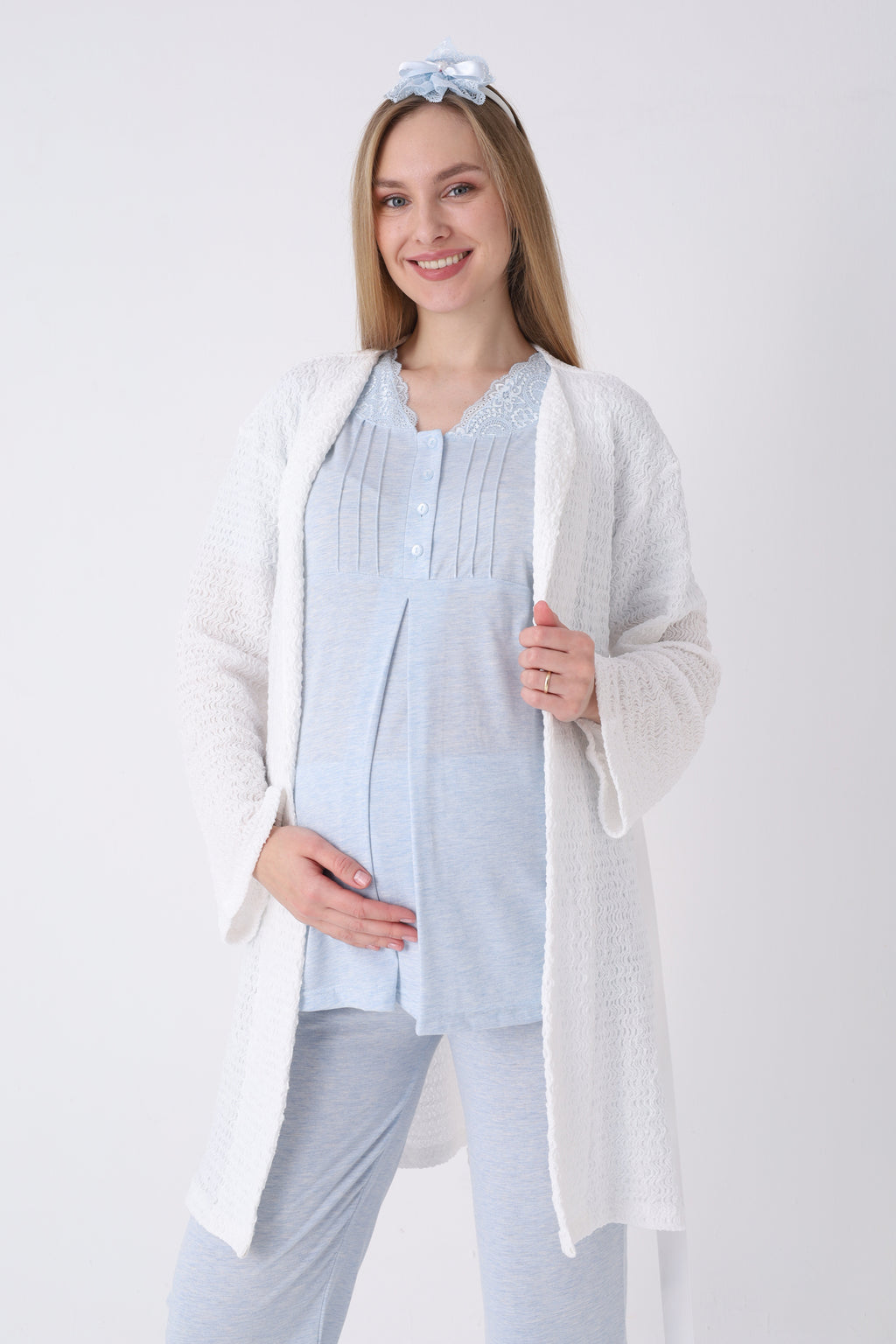 Lohusa Pijama Sabahlık 3'lü Takım Dalga Dokulu Dantel Yakalı Düğmeli Emzirme Pamuk Viskon Set - 3462