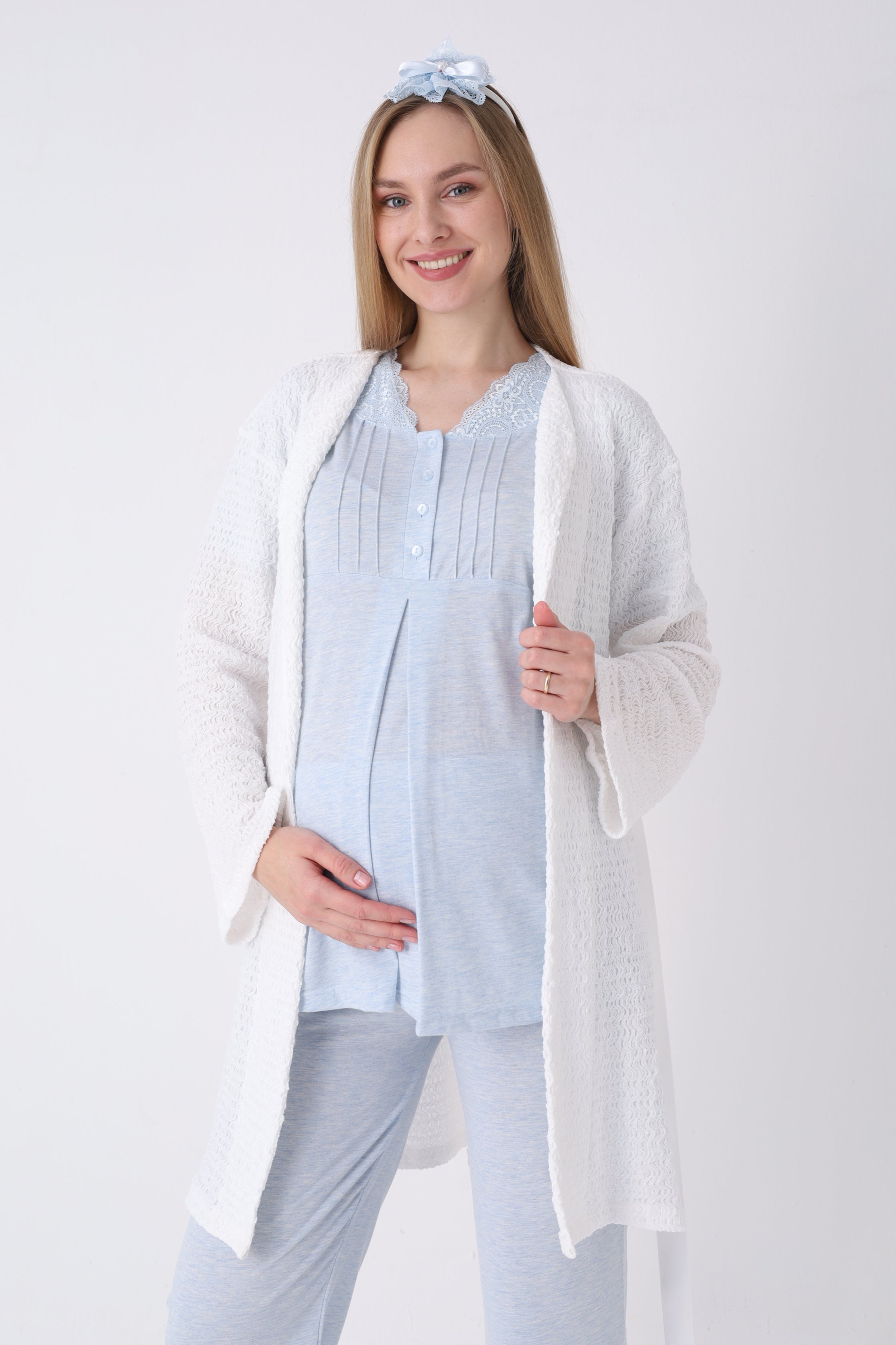 Lohusa Pijama Sabahlık 3'lü Takım Dalga Dokulu Dantel Yakalı Düğmeli Emzirme Pamuk Viskon Set - 3462 2