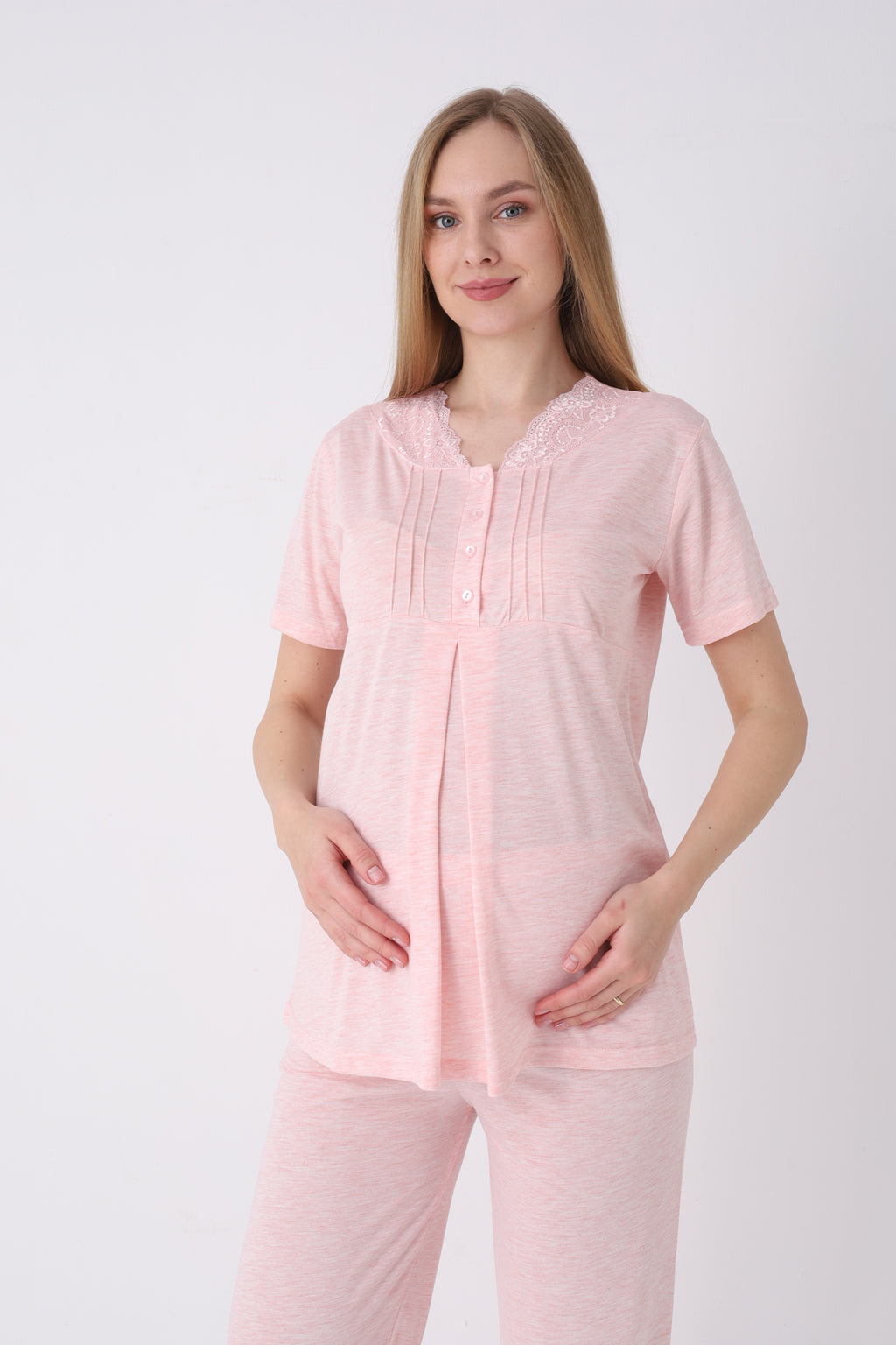 Lohusa Pijama Sabahlık 3'lü Takım Dalga Dokulu Dantel Yakalı Düğmeli Emzirme Pamuk Viskon Set - 3462