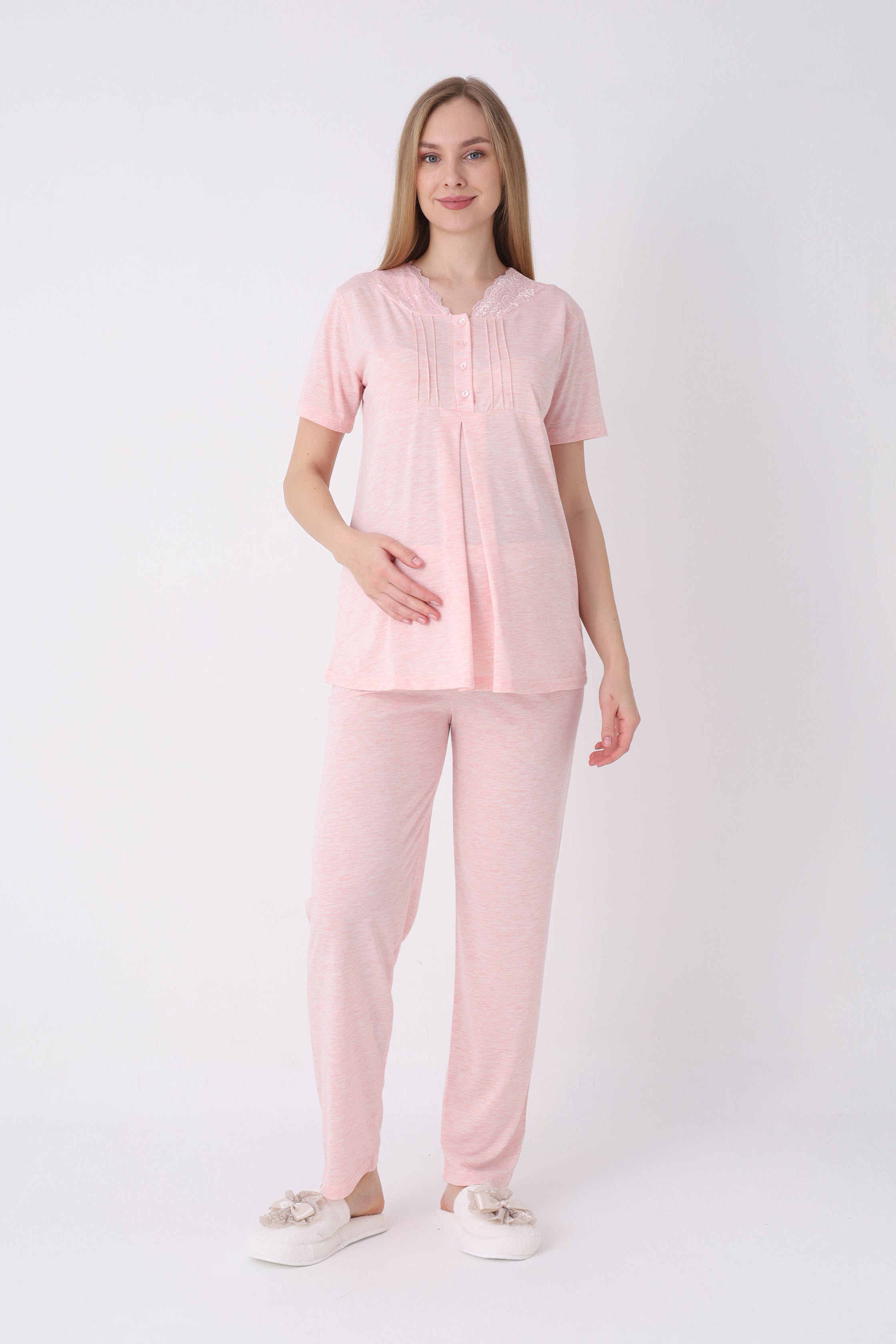 Lohusa Pijama Sabahlık 3'lü Takım Dalga Dokulu Dantel Yakalı Düğmeli Emzirme Pamuk Viskon Set - 3462 14